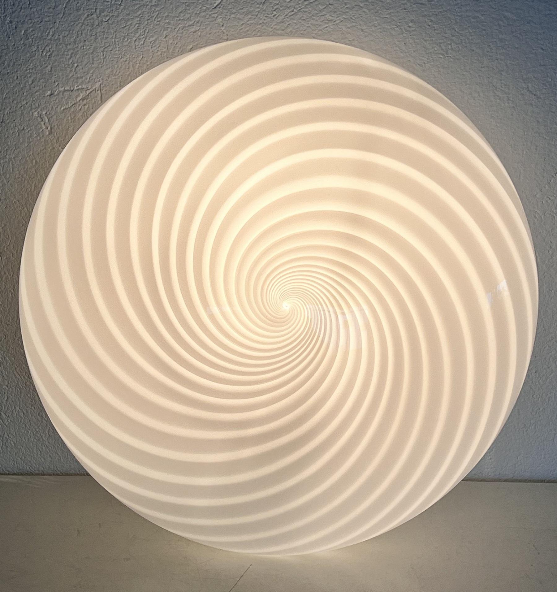 Italian Murano Glass Flush Mount Light with White Swirl Glass, 1970 For Sale 3