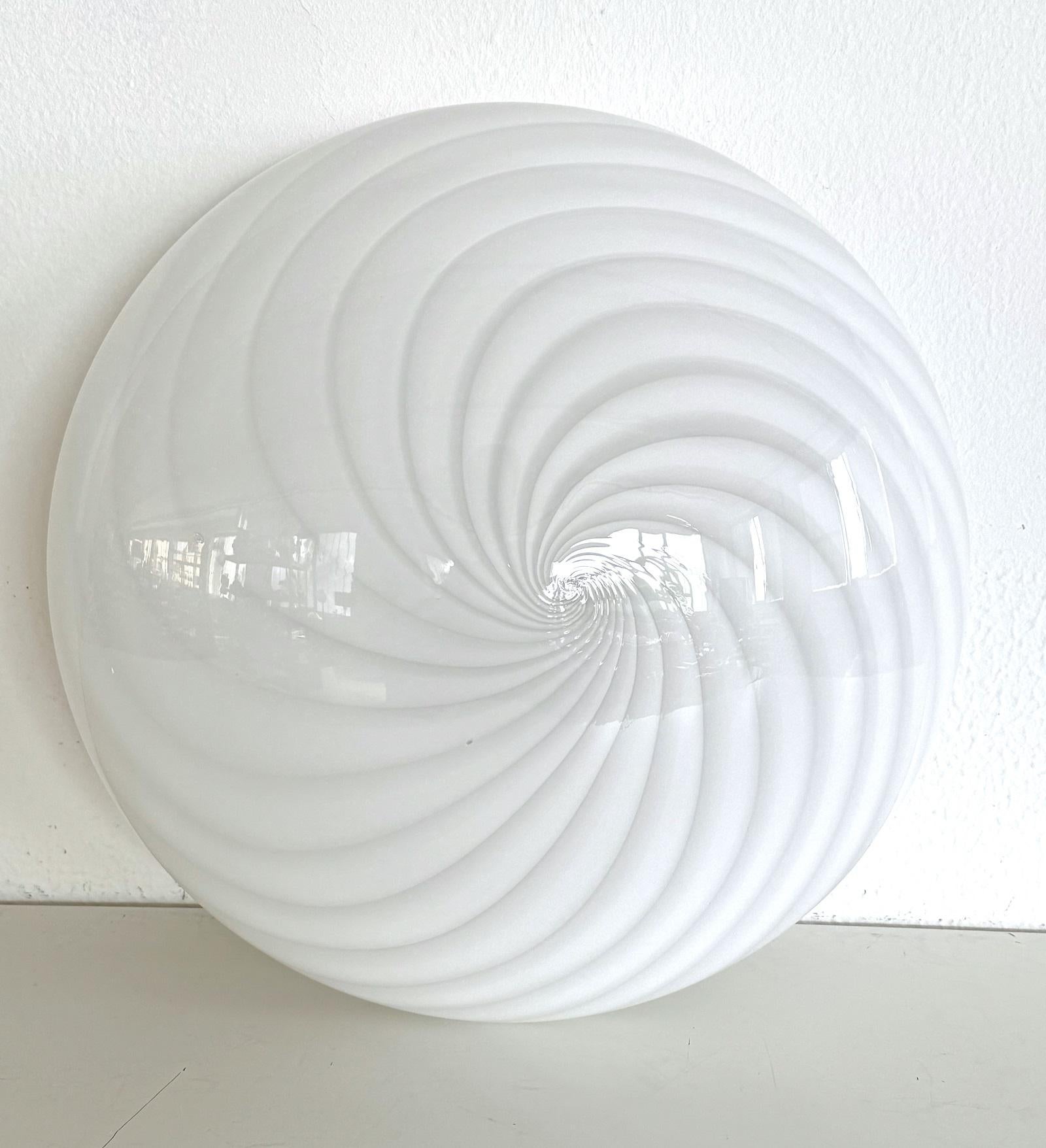 Mid-Century Modern Italian Murano Glass Flush Mount Light with White Swirl Glass, 1970