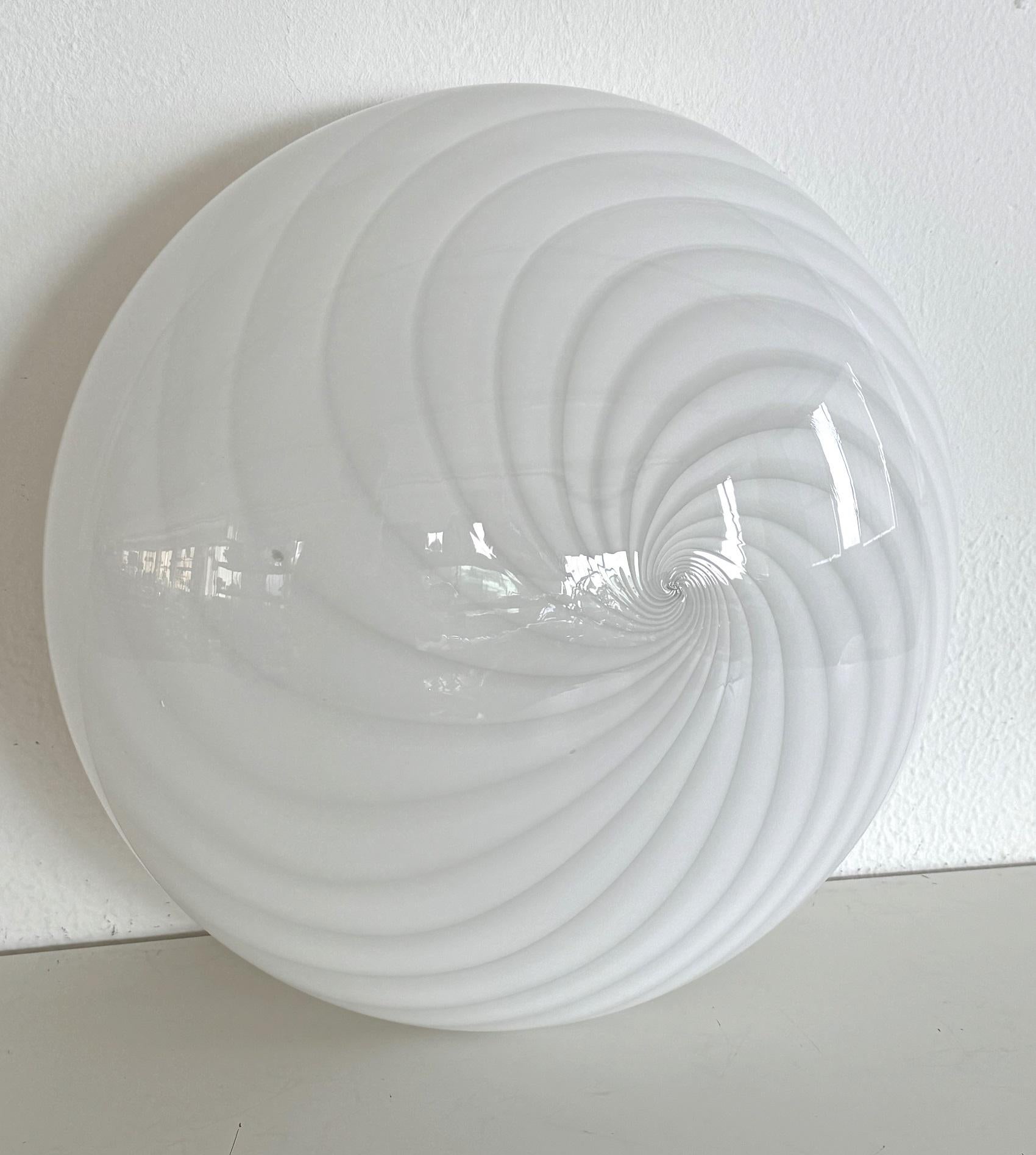 Hand-Crafted Italian Murano Glass Flush Mount Light with White Swirl Glass, 1970