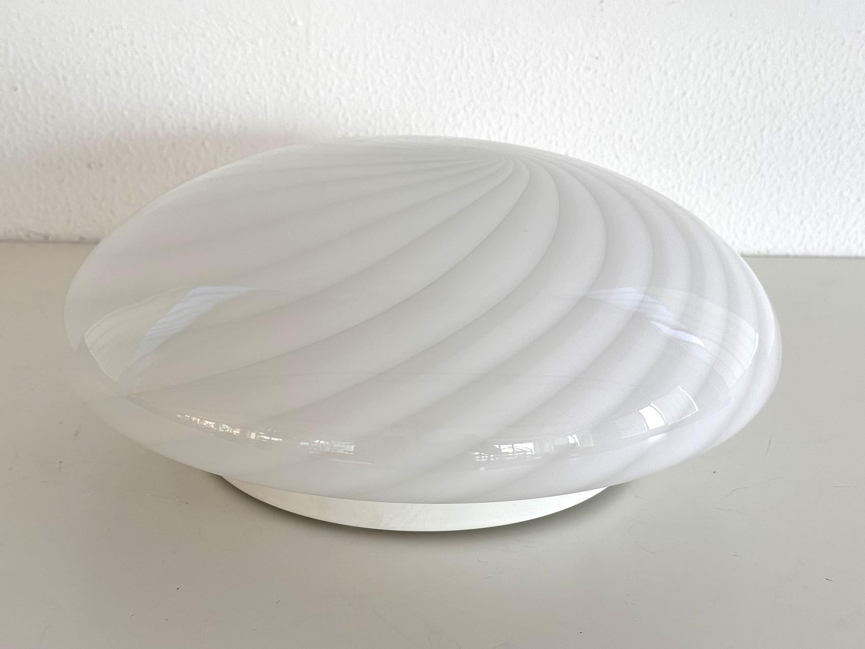 Late 20th Century Italian Murano Glass Flush Mount Light with White Swirl Glass, 1970