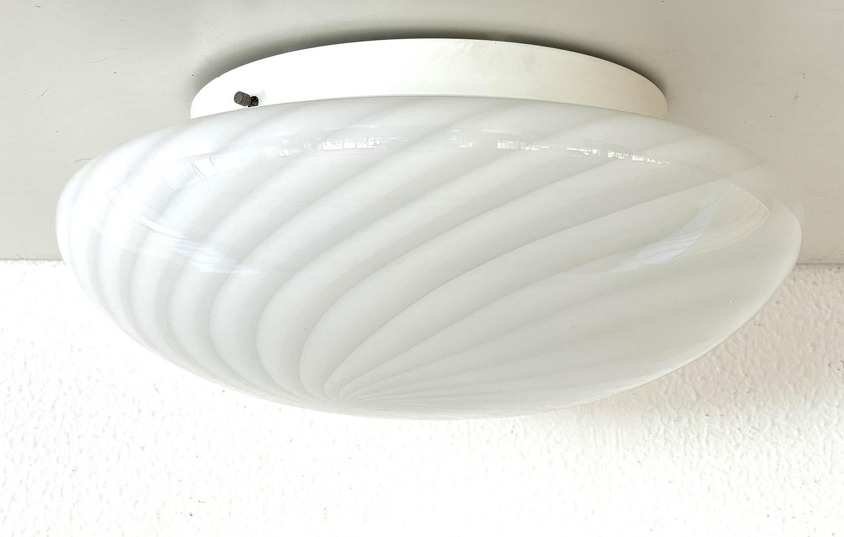 Italian Murano Glass Flush Mount Light with White Swirl Glass, 1970 3