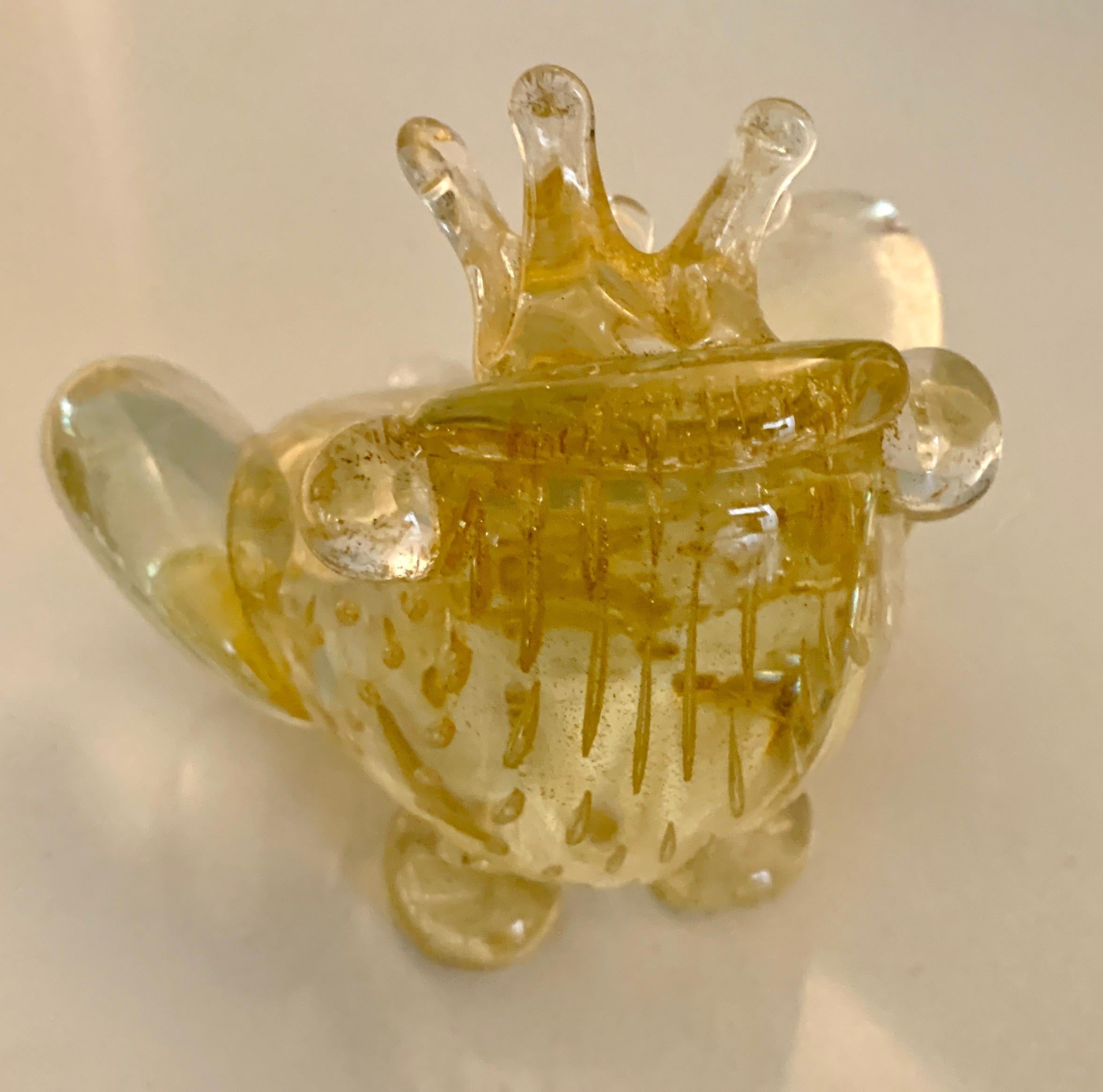 Hand-Crafted Italian Murano Glass Frog Wearing a Crown with Gold Fleck