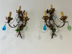 Italian Murano Glass Fruit Crystal Grapes Tole 3 lights Sconces, circa 1930
