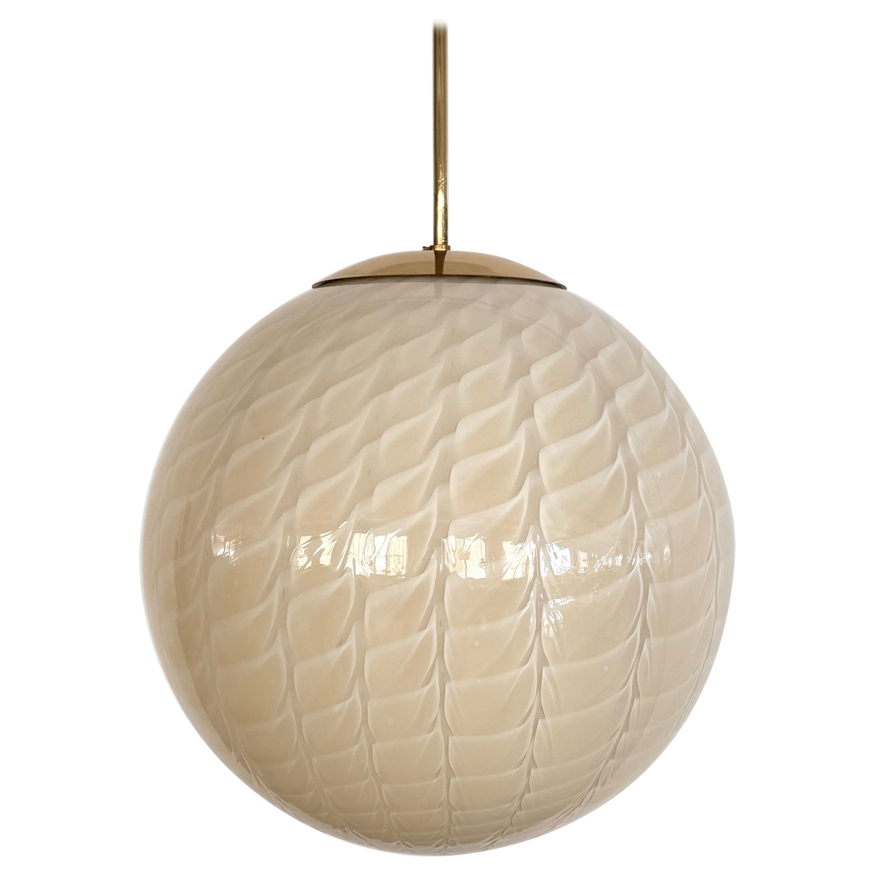 Italian Murano Glass Globe Chandelier with Brass Details by Venini, 1970s