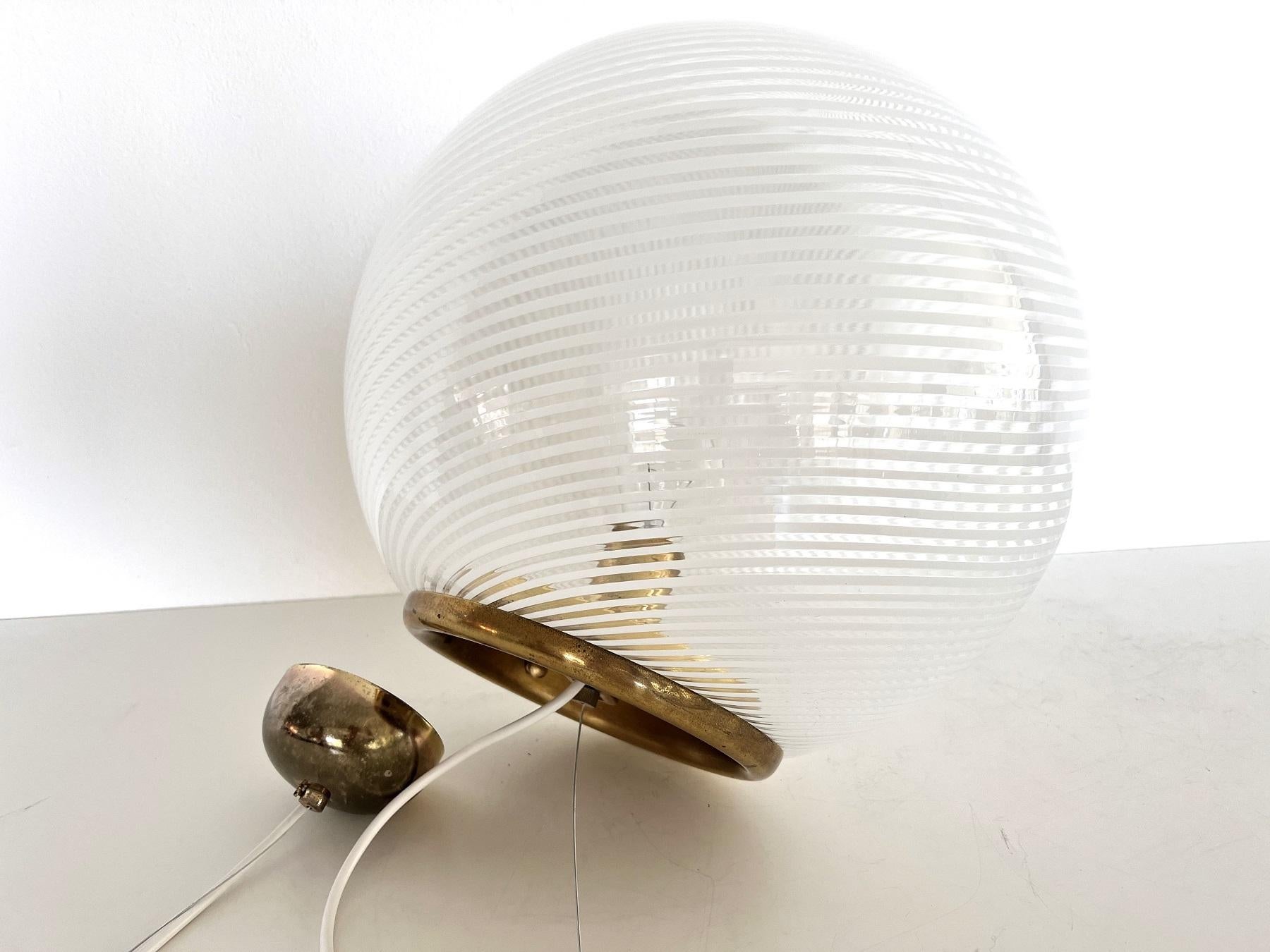 Italian Murano Glass Globe Chandelier with white Stripe Design and Brass For Sale 1