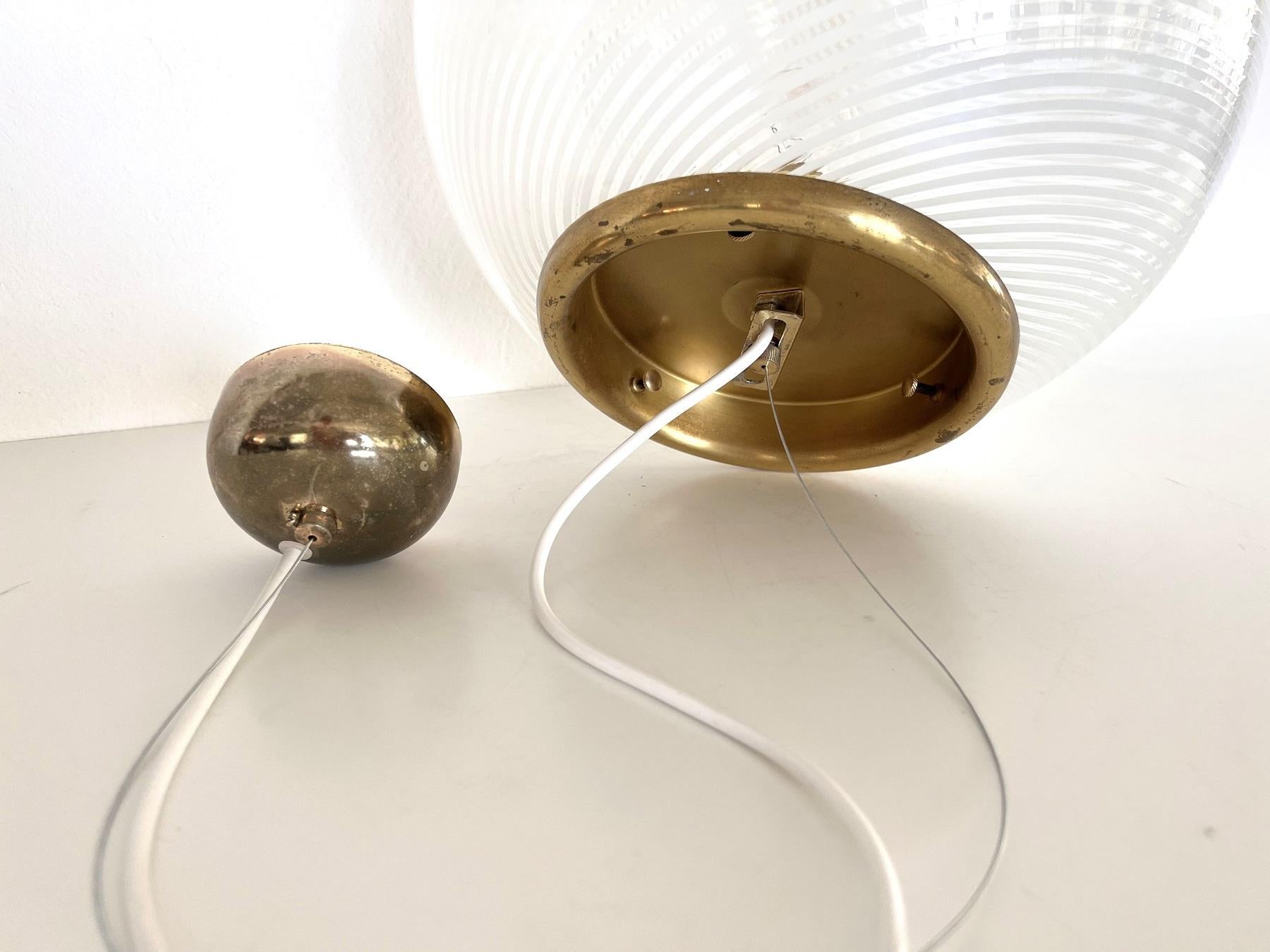 Italian Murano Glass Globe Chandelier with white Stripe Design and Brass For Sale 2