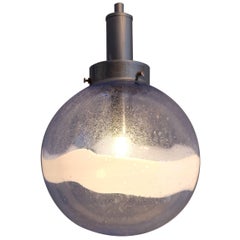 Italian Murano Glass Globe Pendant, Blue with a Bold White Swirl, Midcentury