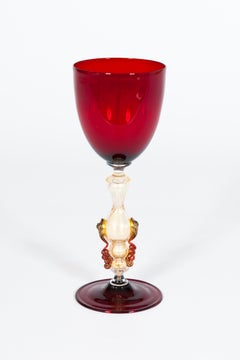 Italian Murano Glass Goblet Chalice, Ruby Red and Gold Aventurine, 1980s