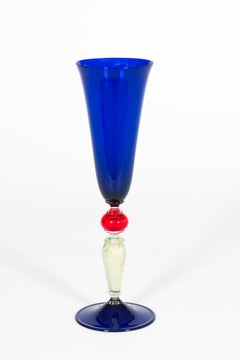 Italian Murano Glass Goblet, Cobalt Blue, Red, Green, and Gold Dust, 1980s