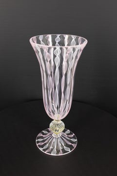 Italian Murano Glass Goblet, Pink and White Zanfirico Ribbon Glassware, 1990s