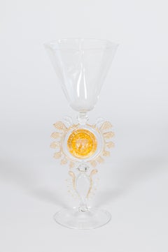 Italienischer Murano-Glaskelch mit bernsteinfarbenem, goldenem Löwenstiel, 1990er Jahre