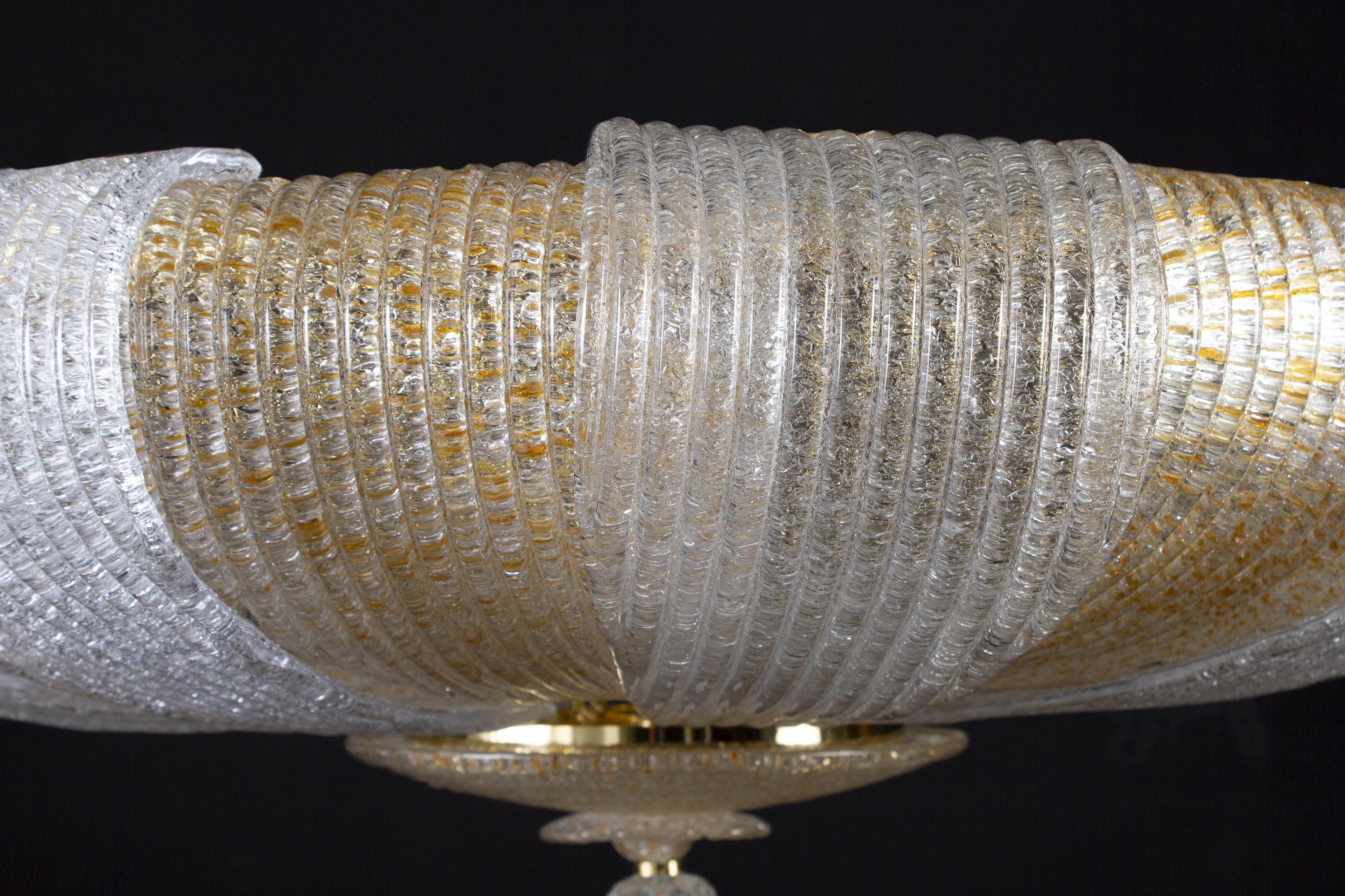 Contemporary Italian Murano Glass Gold Leaves Modern Flushmount or Ceiling Light For Sale