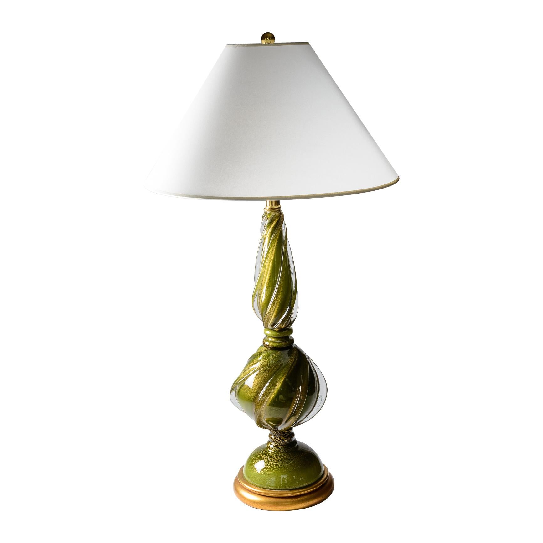 Great looking Pair of Green and Gold specks Murano swirl glass table Lamps, C.1950.
The dimensions are 30