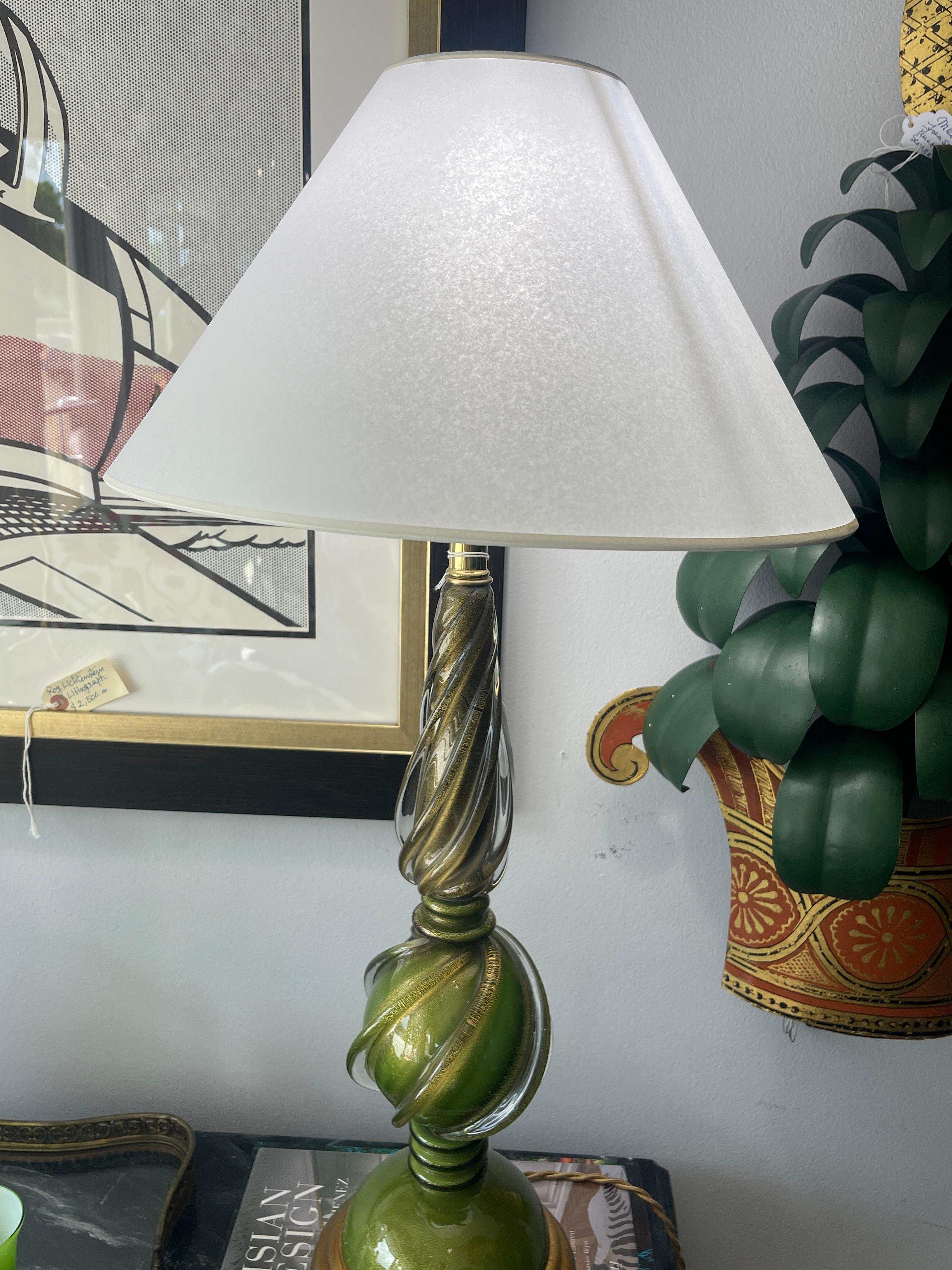 Hand-Crafted Italian Murano Glass Lamps In Green & Gold, 1950s  A-Pair For Sale