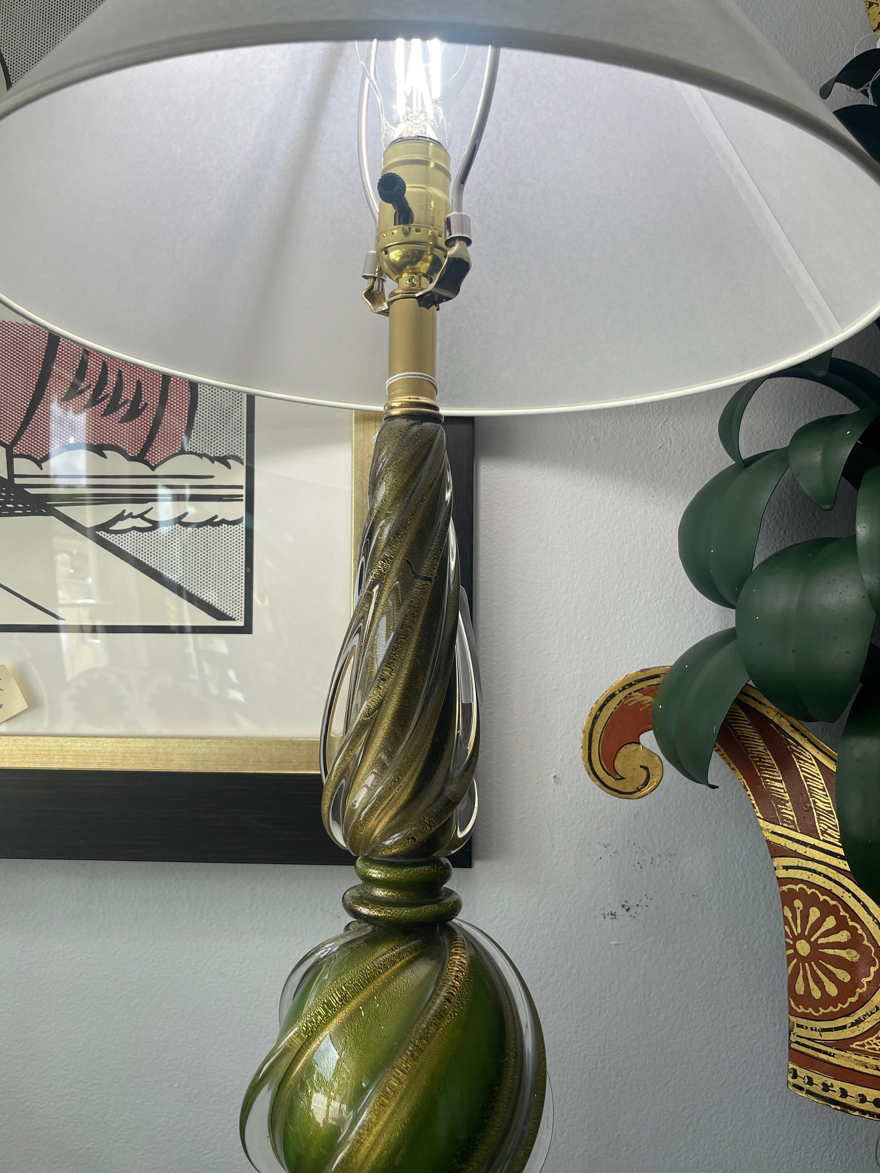 Italian Murano Glass Lamps In Green & Gold, 1950s  A-Pair In Good Condition For Sale In West Palm Beach, FL