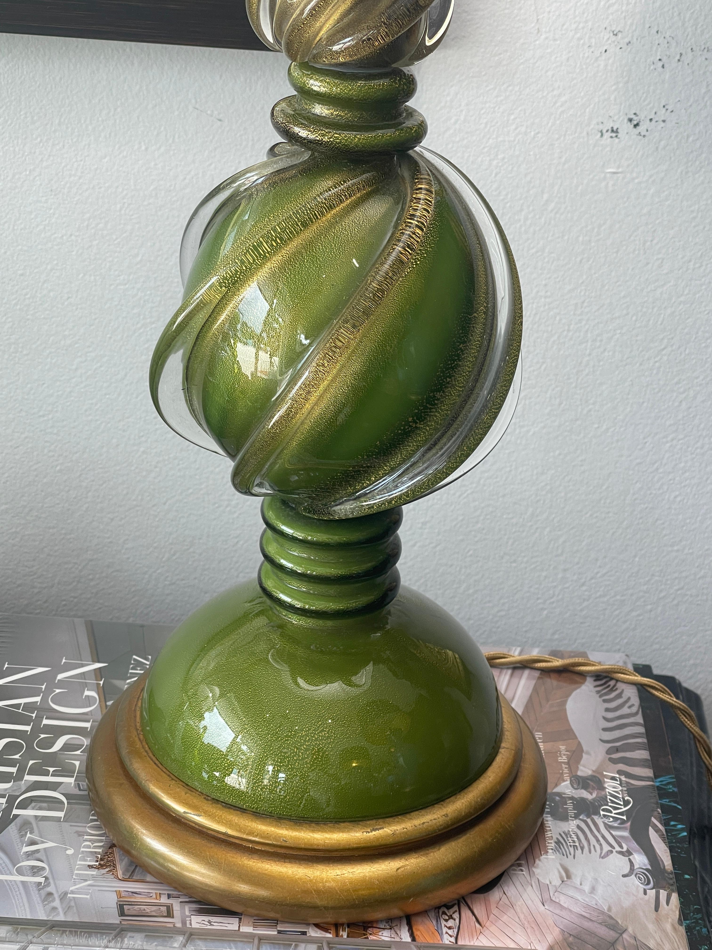 Mid-20th Century Italian Murano Glass Lamps In Green & Gold, 1950s  A-Pair For Sale
