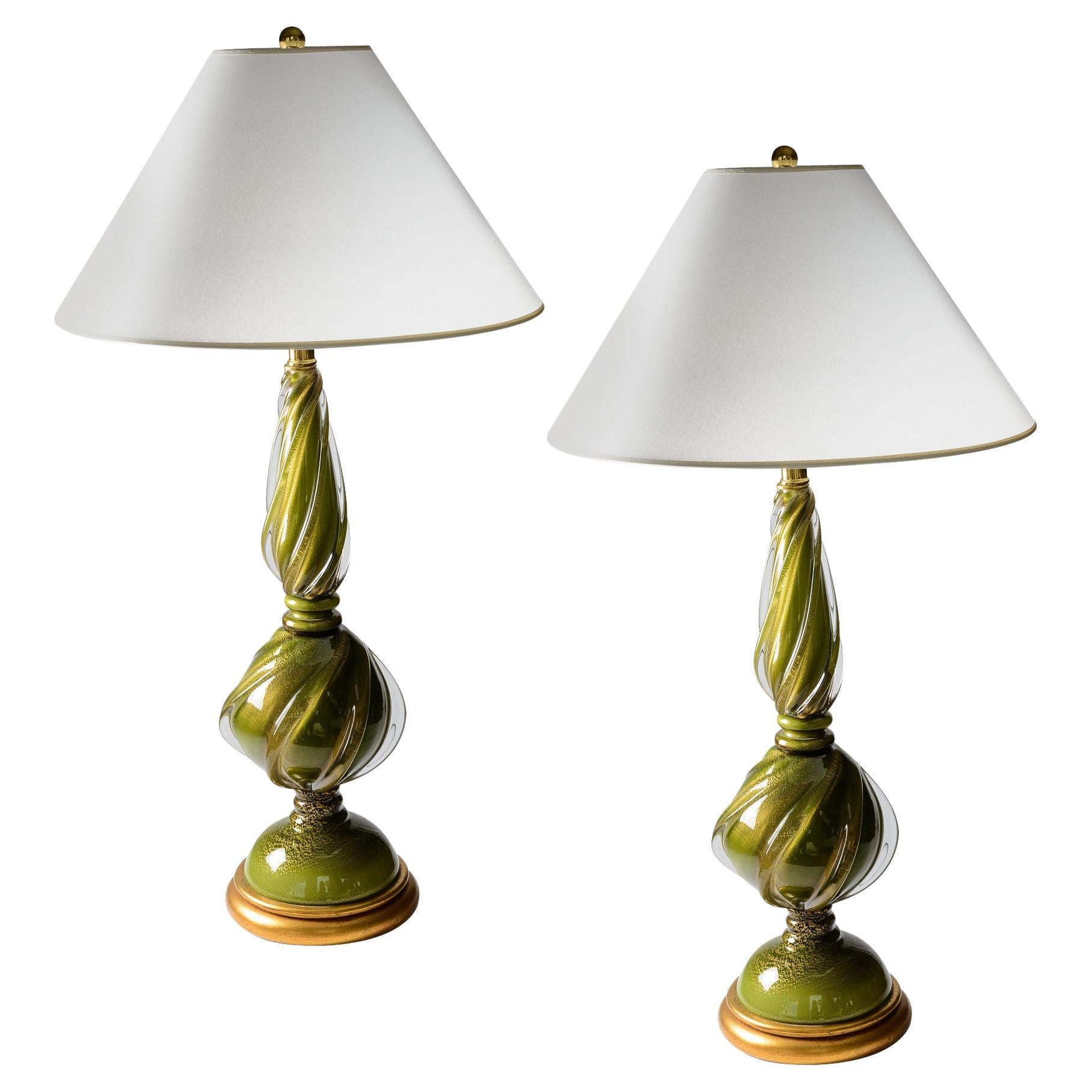 Italian Murano Glass Lamps In Green & Gold, 1950s  A-Pair For Sale