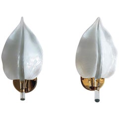 Italian Murano Glass Leaf and Brass Wall Sconces or Wall Lights, 1970s Italian Murano Glass Leaf and Brass Wall Sconces or Wall Lights, 1970s