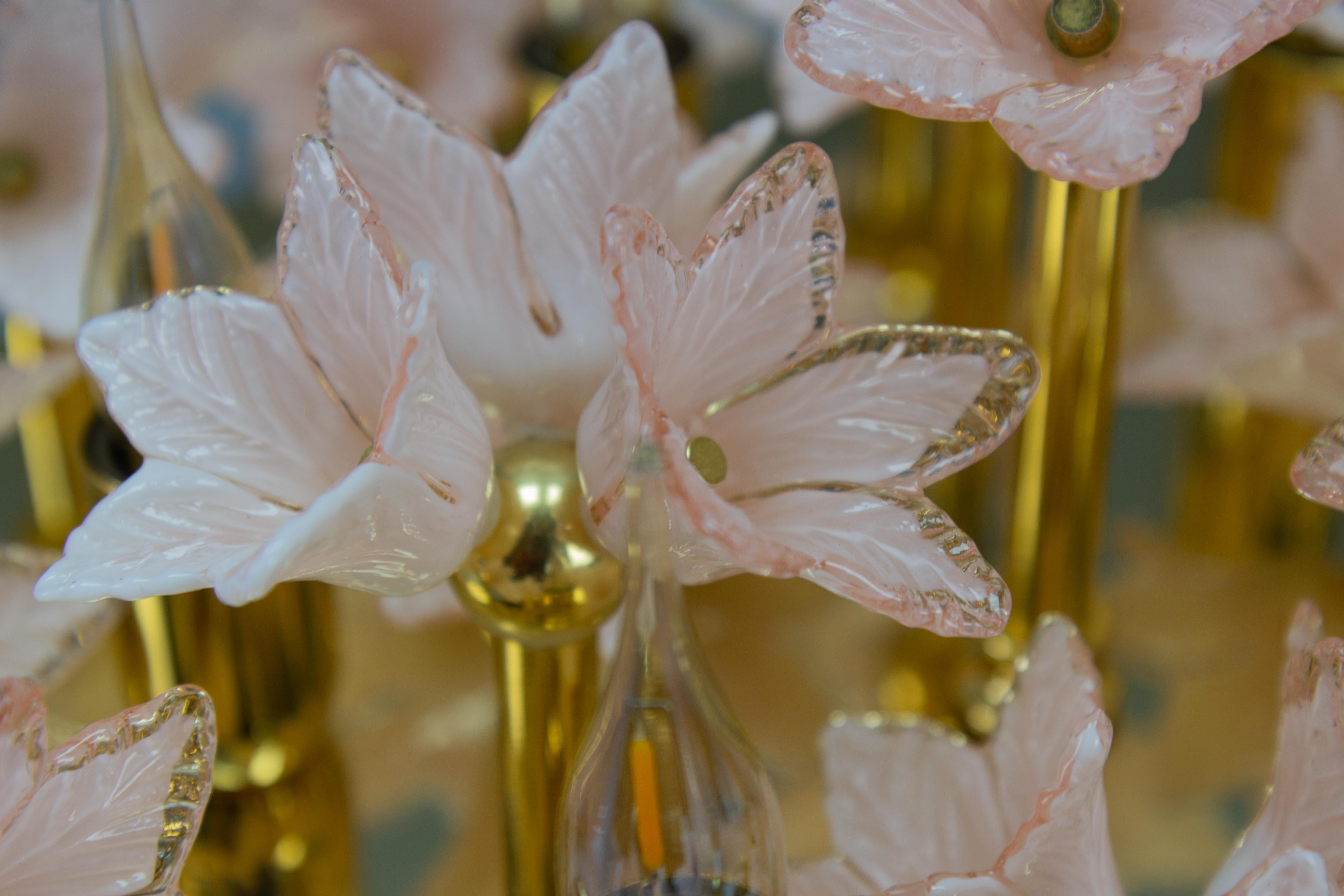Italian Murano Glass Light Pastel Pink Flowers and Brass Six-Light Flush Mount For Sale 4