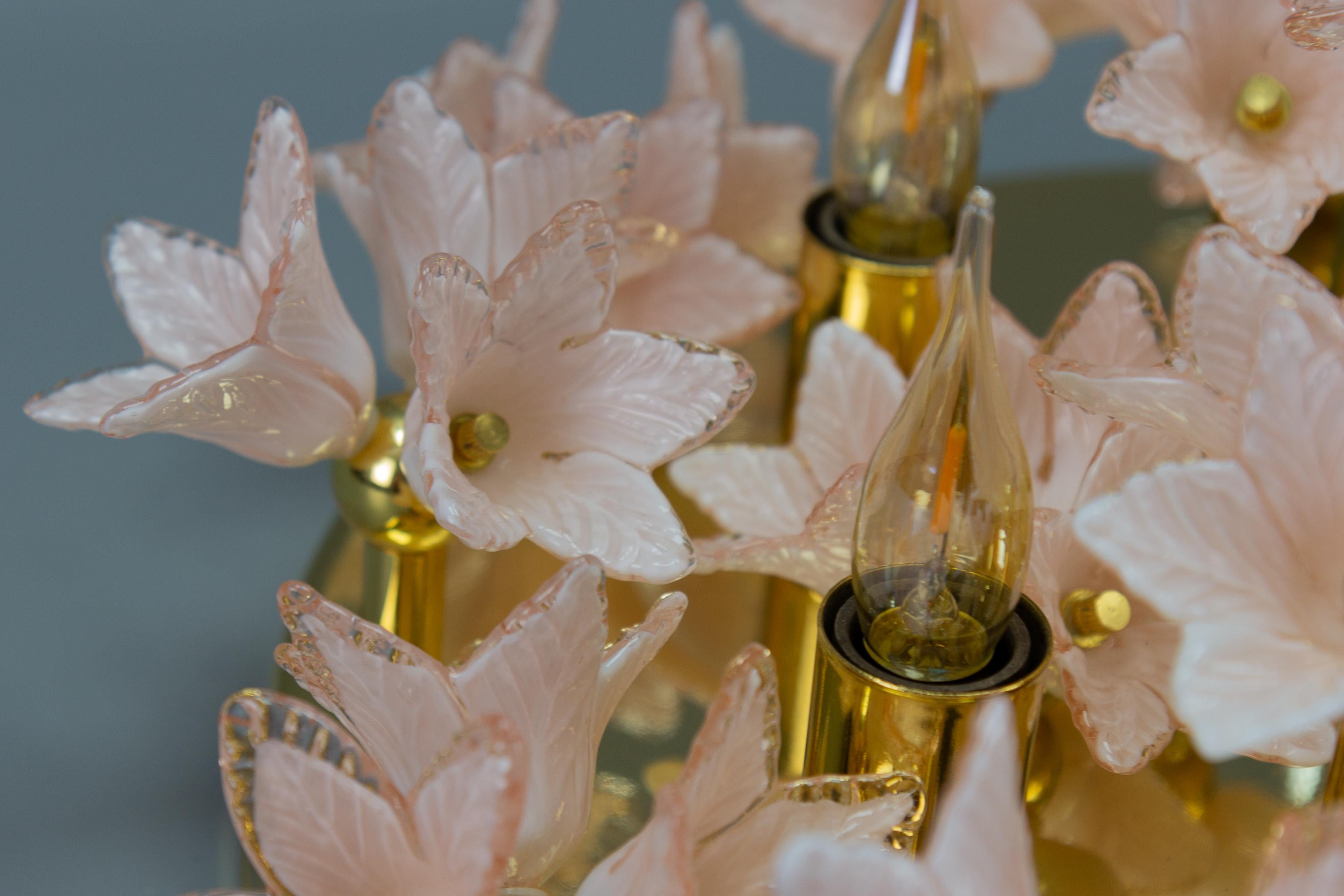 Italian Murano Glass Light Pastel Pink Flowers and Brass Six-Light Flush Mount For Sale 5