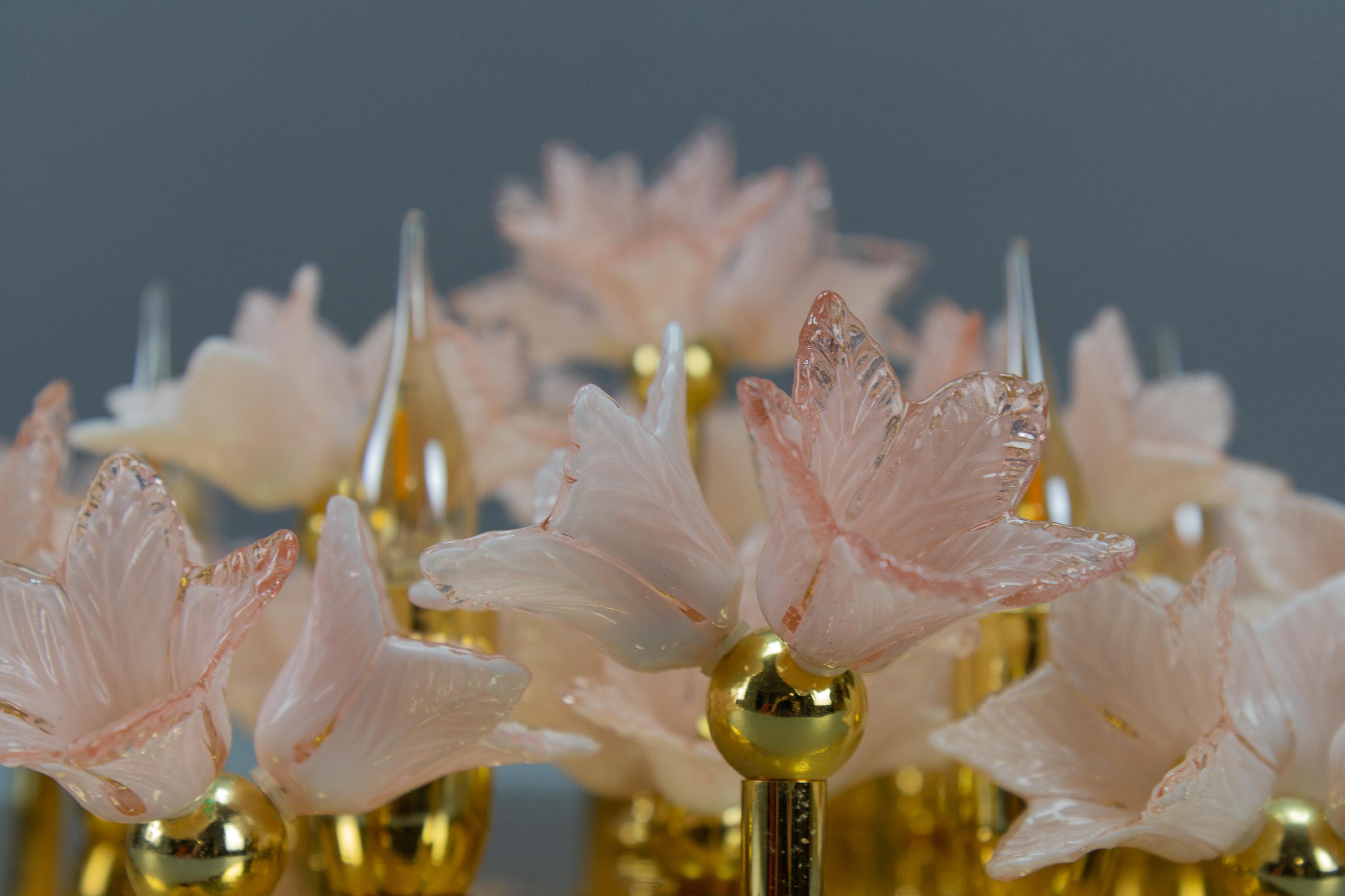 Italian Murano Glass Light Pastel Pink Flowers and Brass Six-Light Flush Mount For Sale 6