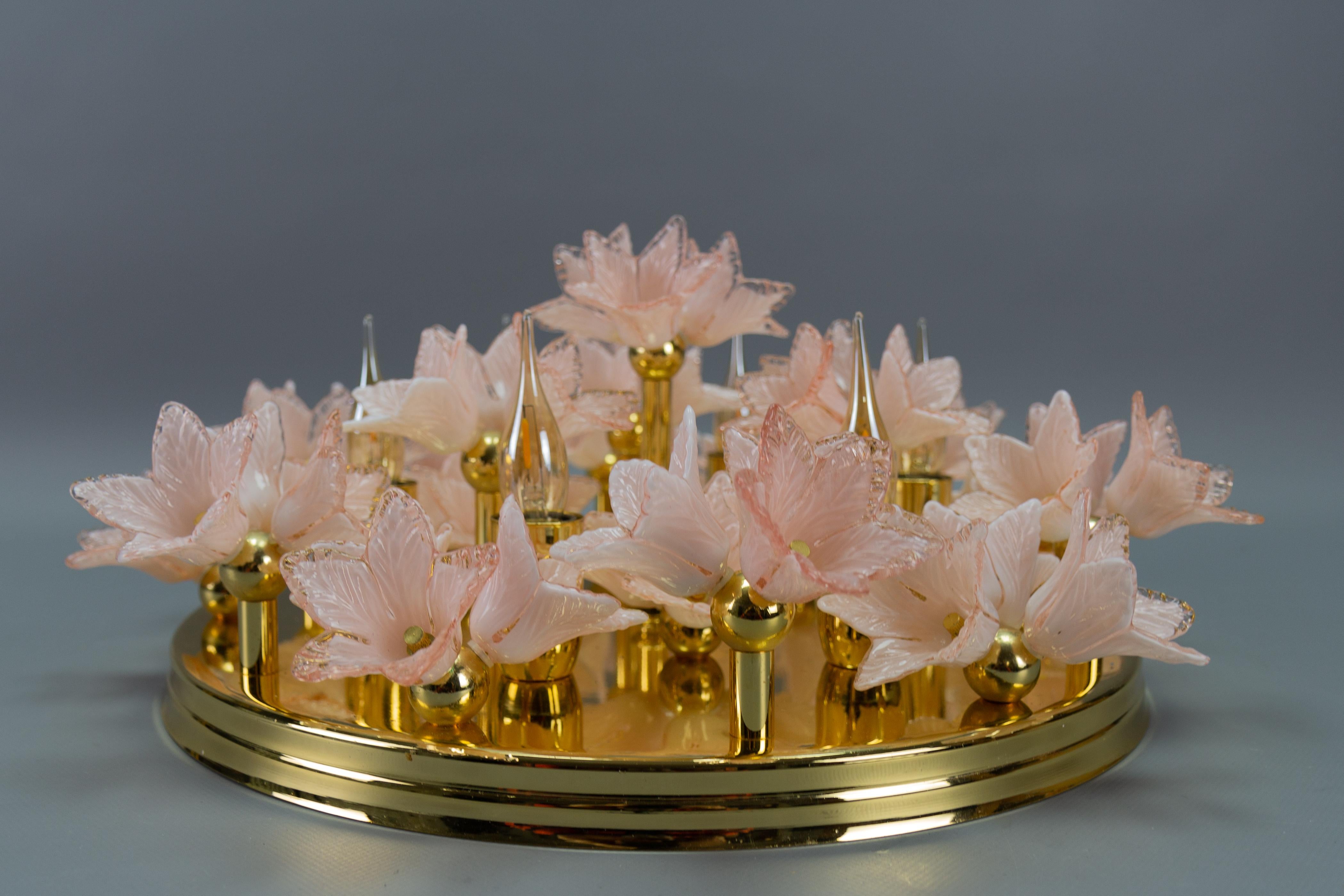 Italian Murano Glass Light Pastel Pink Flowers and Brass Six-Light Flush Mount For Sale 7
