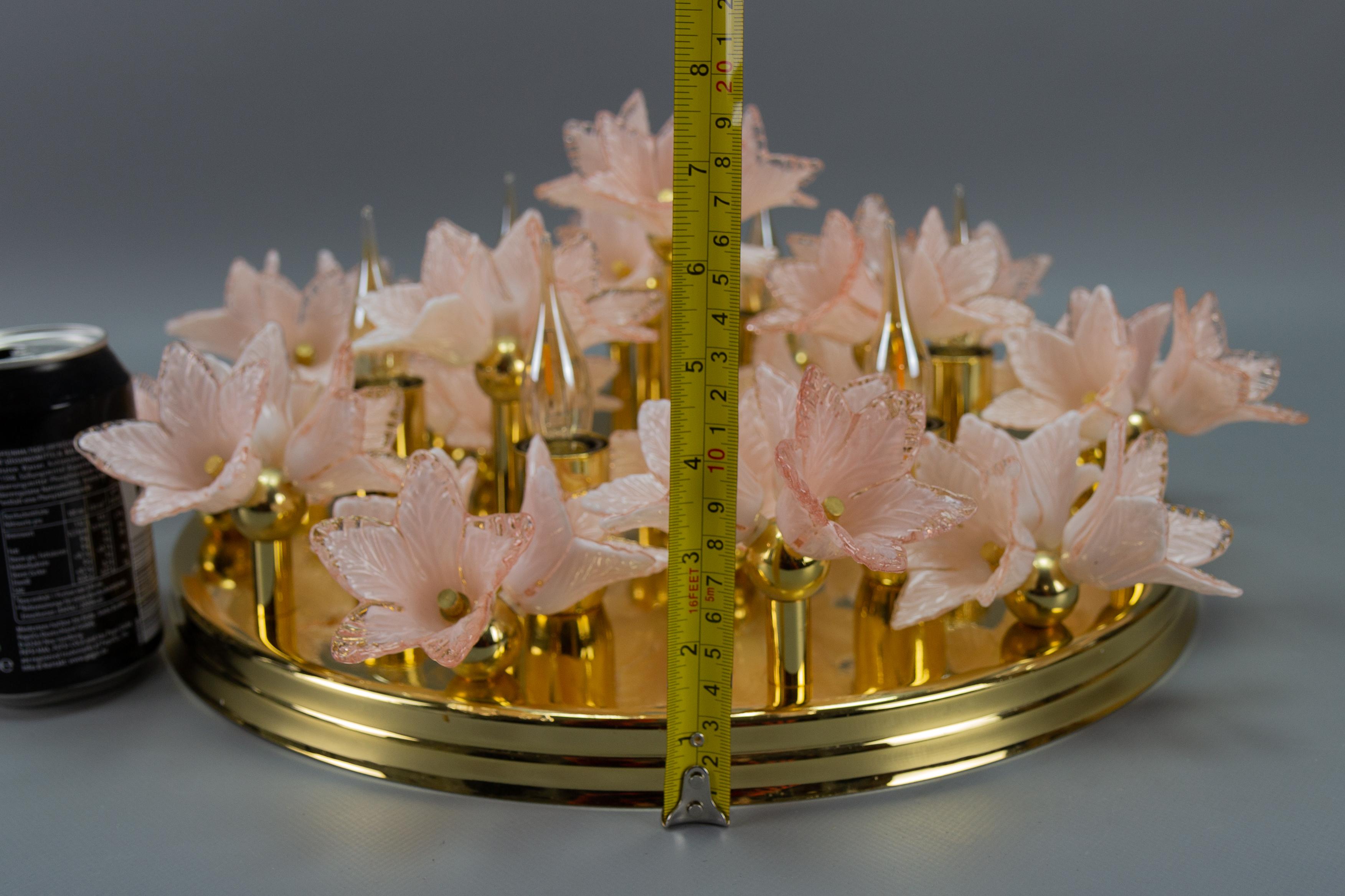 Italian Murano Glass Light Pastel Pink Flowers and Brass Six-Light Flush Mount For Sale 13