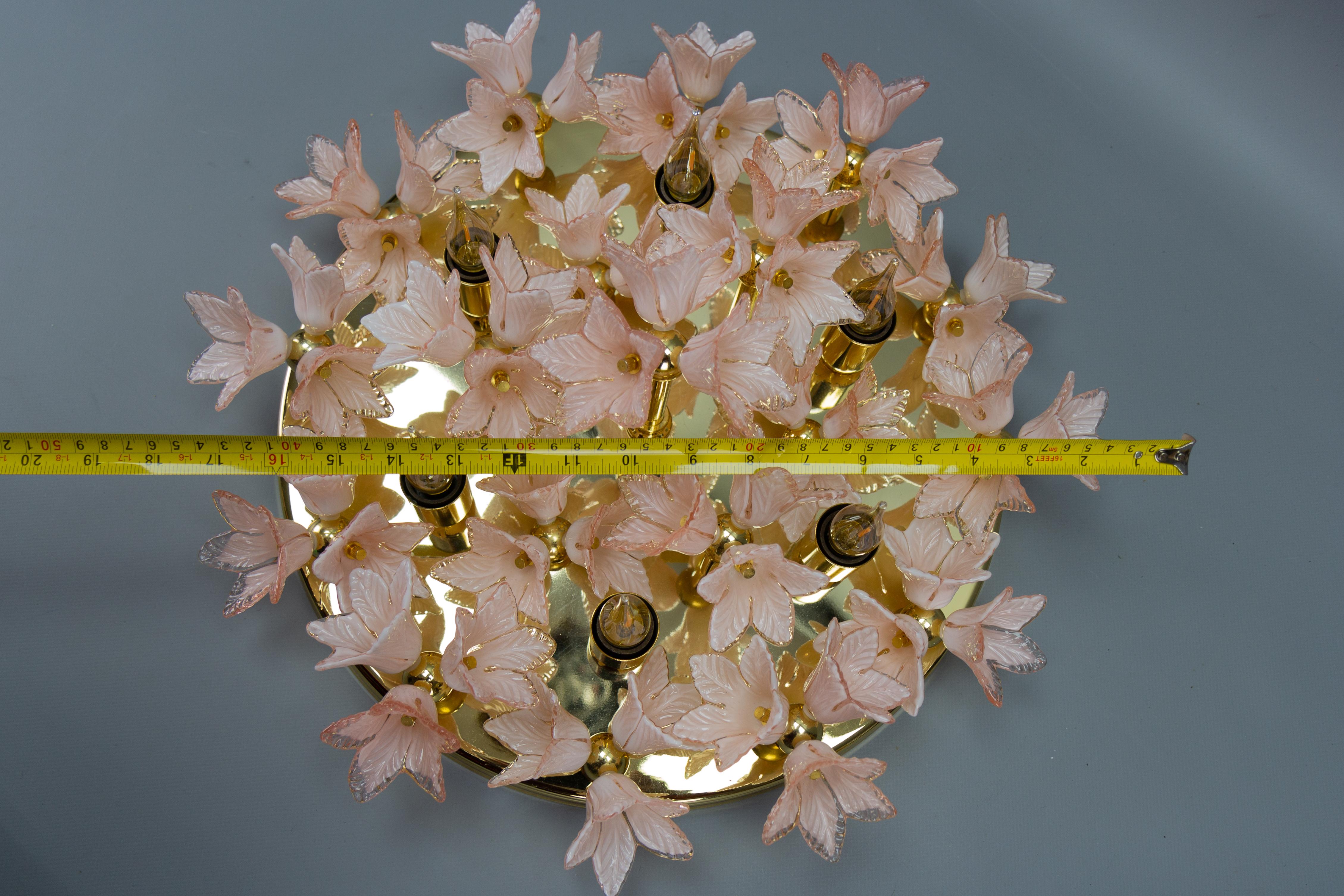 Italian Murano Glass Light Pastel Pink Flowers and Brass Six-Light Flush Mount For Sale 14