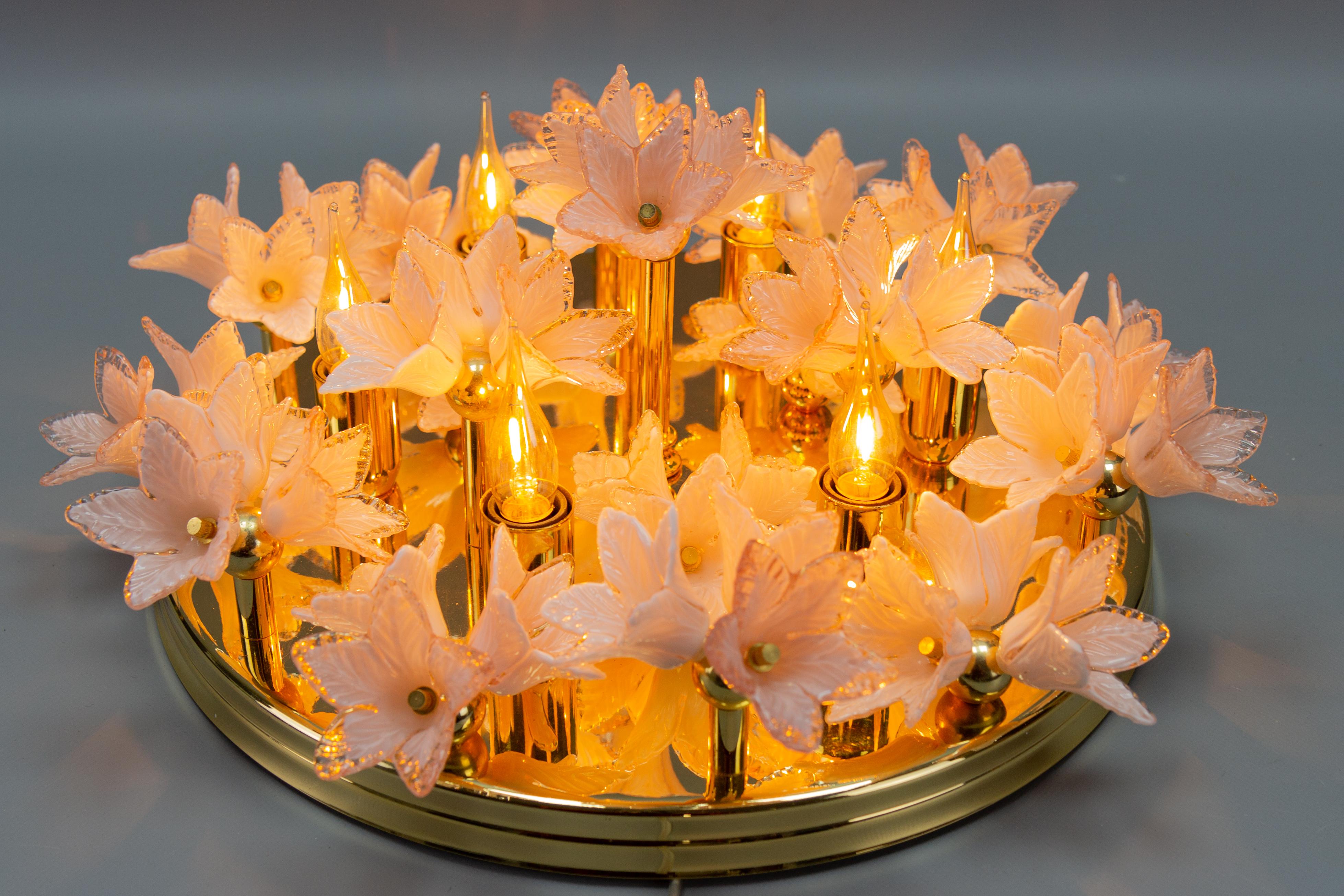 Mid-Century Modern Italian Murano Glass Light Pastel Pink Flowers and Brass Six-Light Flush Mount For Sale