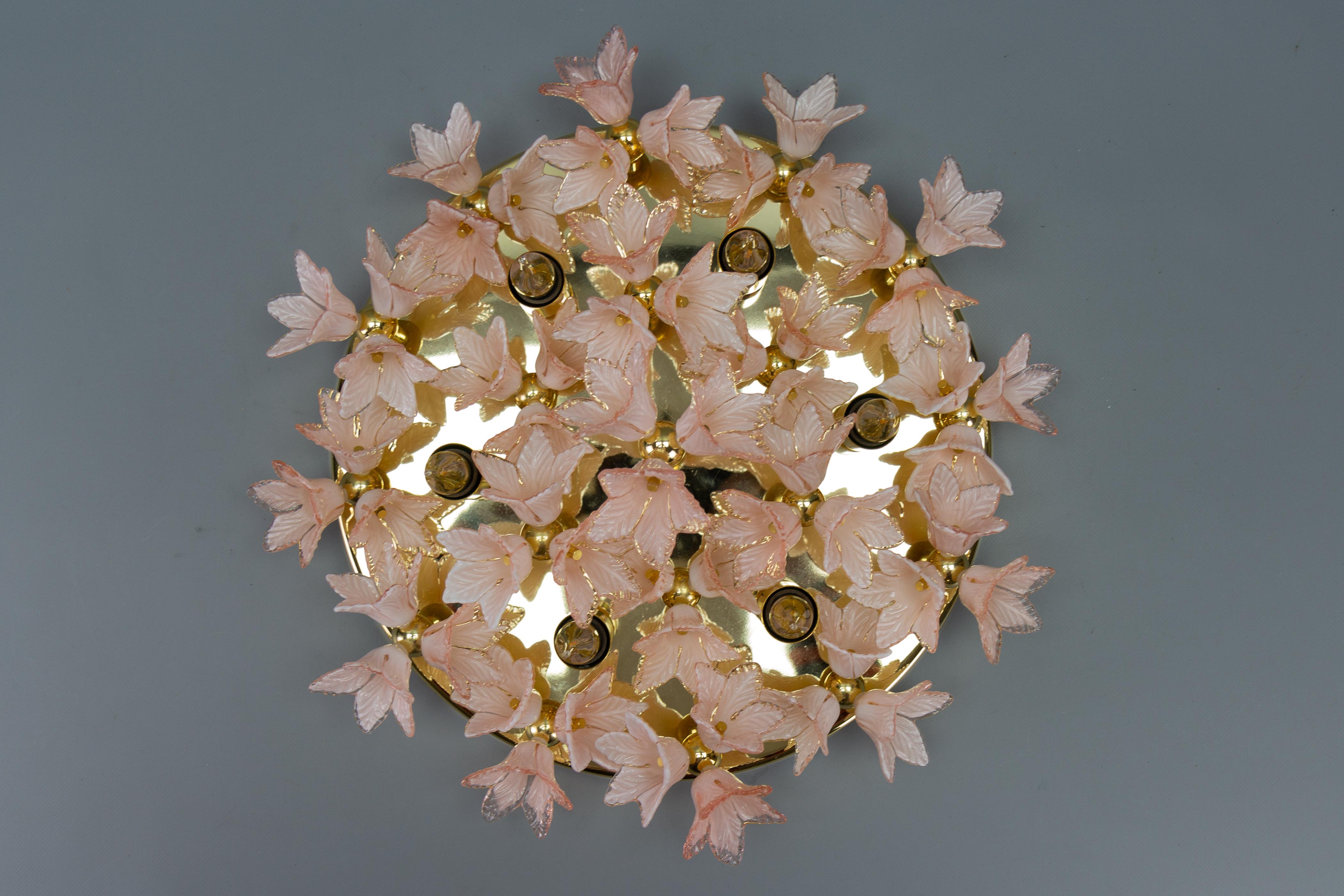 Italian Murano Glass Light Pastel Pink Flowers and Brass Six-Light Flush Mount For Sale 1