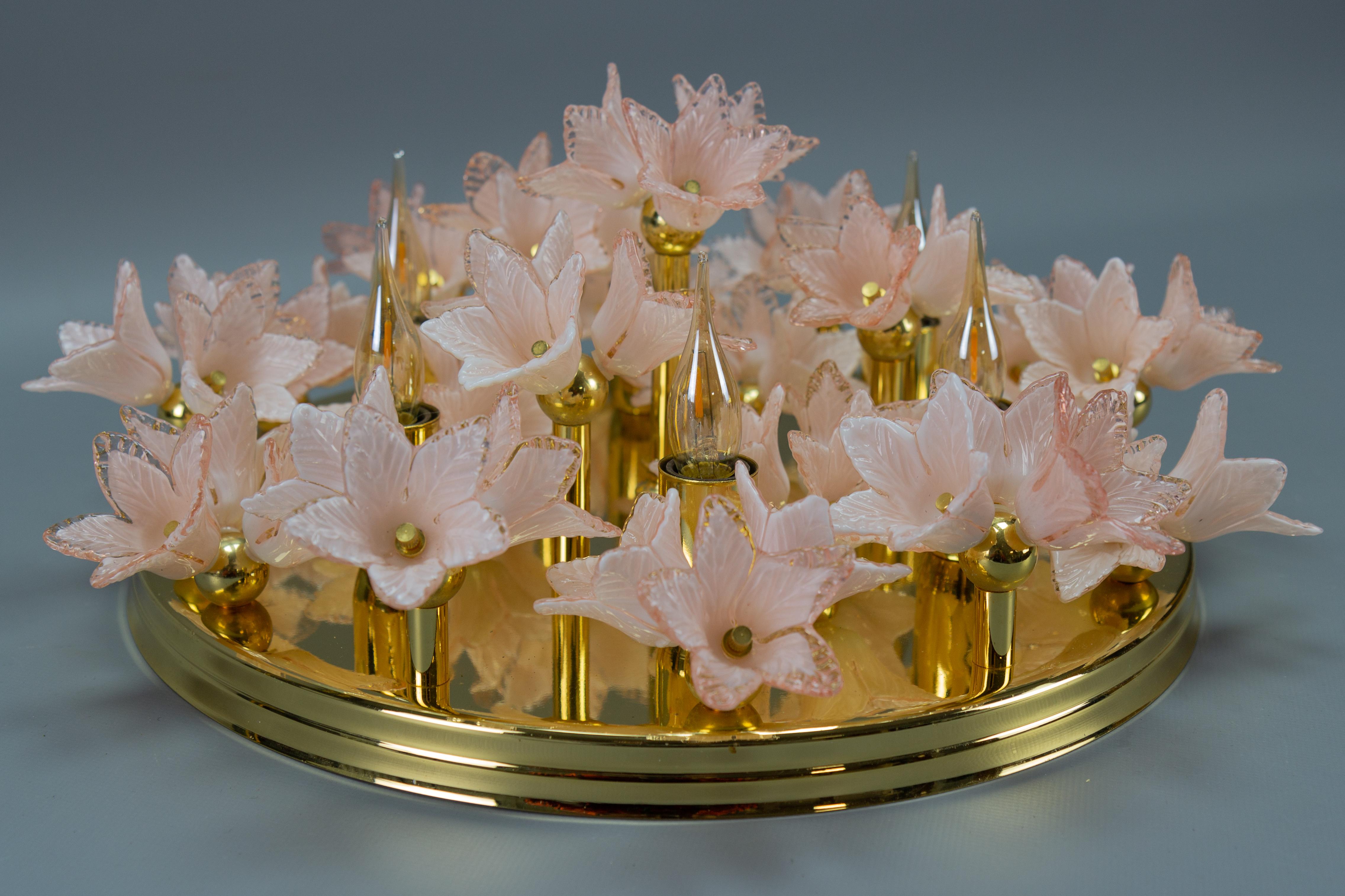 Italian Murano Glass Light Pastel Pink Flowers and Brass Six-Light Flush Mount For Sale 3