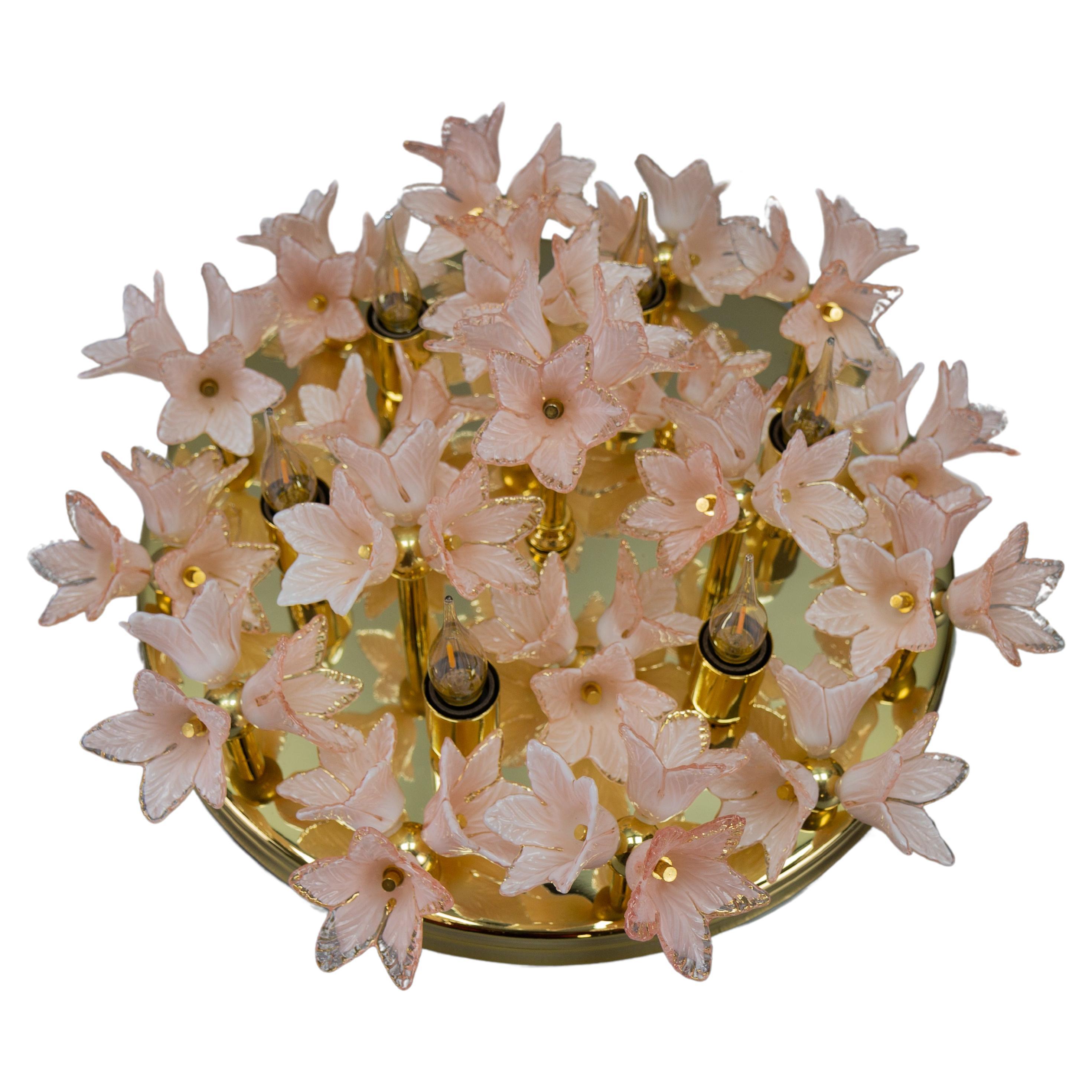 Italian Murano Glass Light Pastel Pink Flowers and Brass Six-Light Flush Mount For Sale