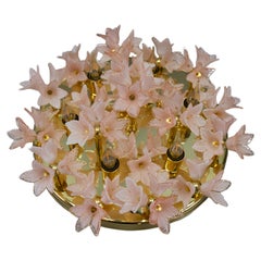 Italian Murano Glass Light Pastel Pink Flowers and Brass Six-Light Flush Mount
