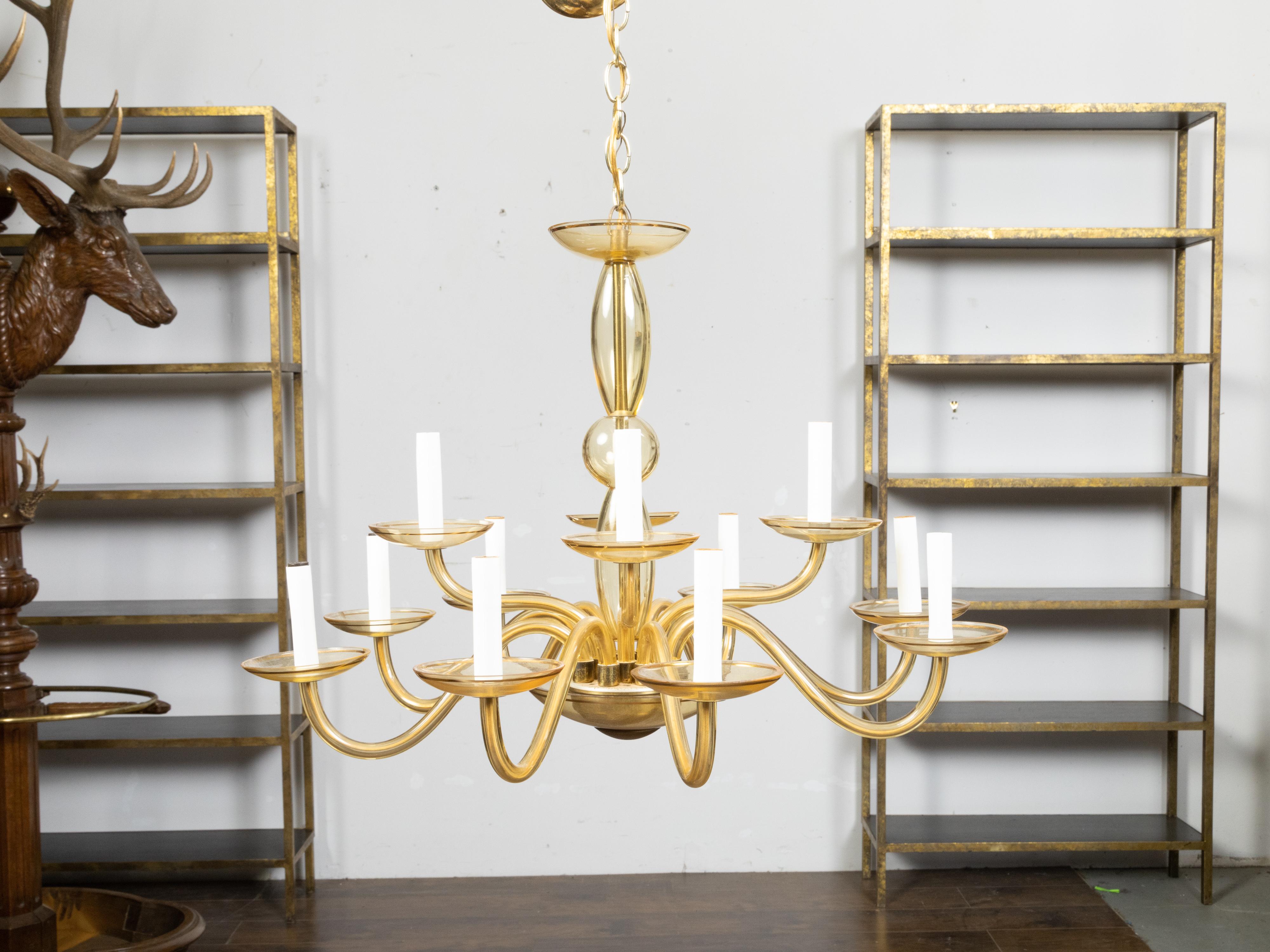 Hand-Crafted Italian Murano Glass Midcentury 12-Light Chandelier with Golden Tones, US Wired