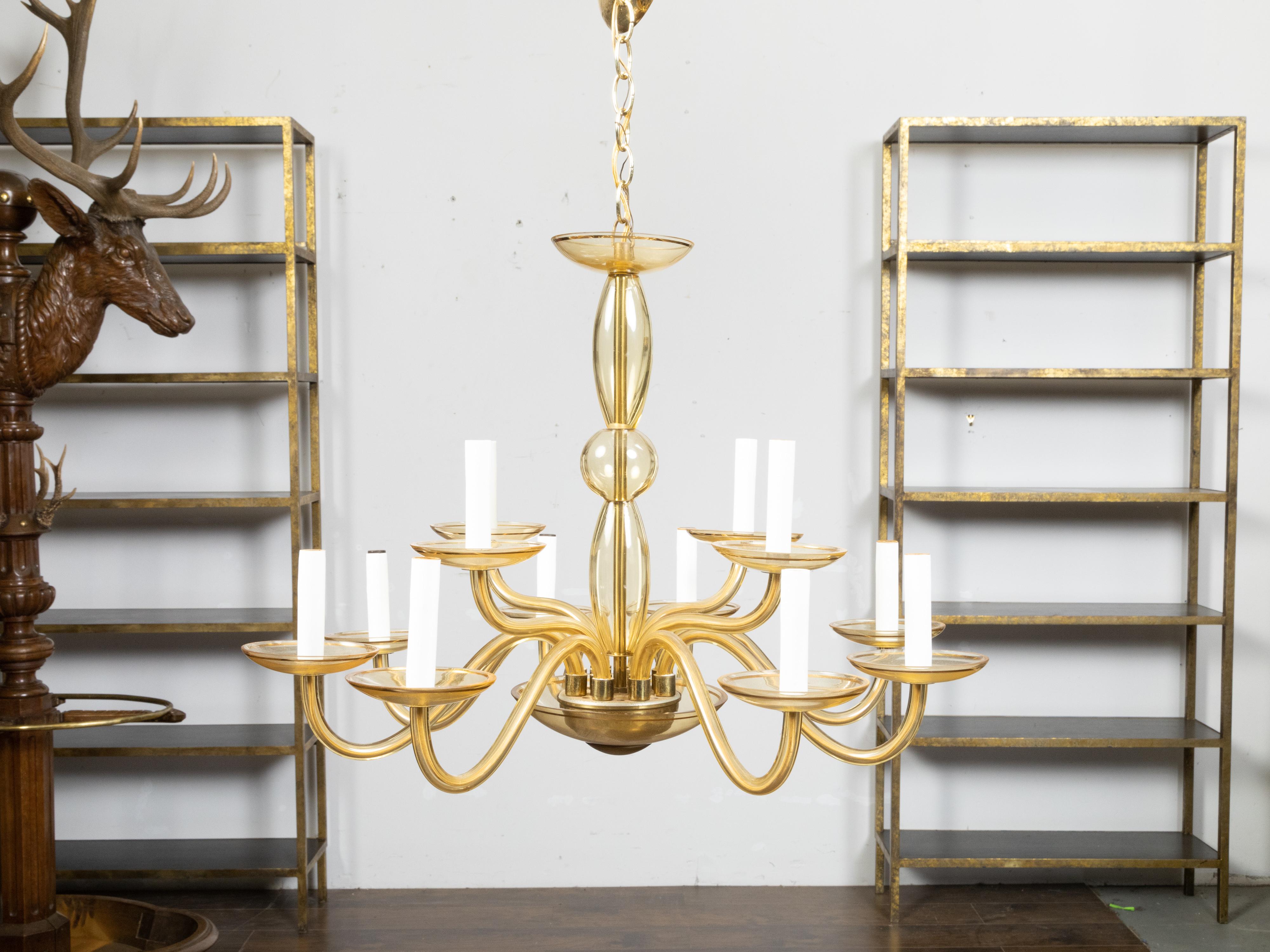 Italian Murano Glass Midcentury 12-Light Chandelier with Golden Tones, US Wired 1