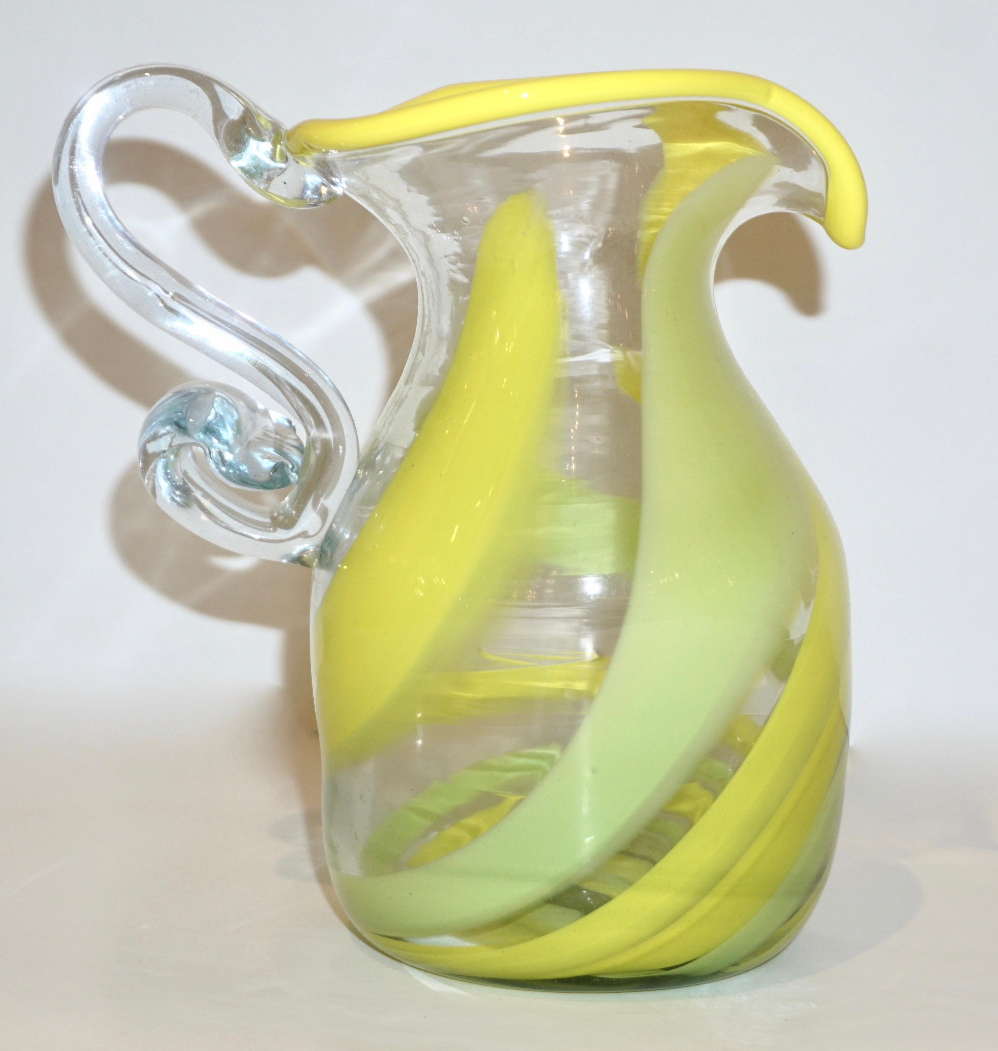 Organic Modern Italian Murano Glass Modern Pitcher Jug with Yellow Lime Green Filigrana For Sale