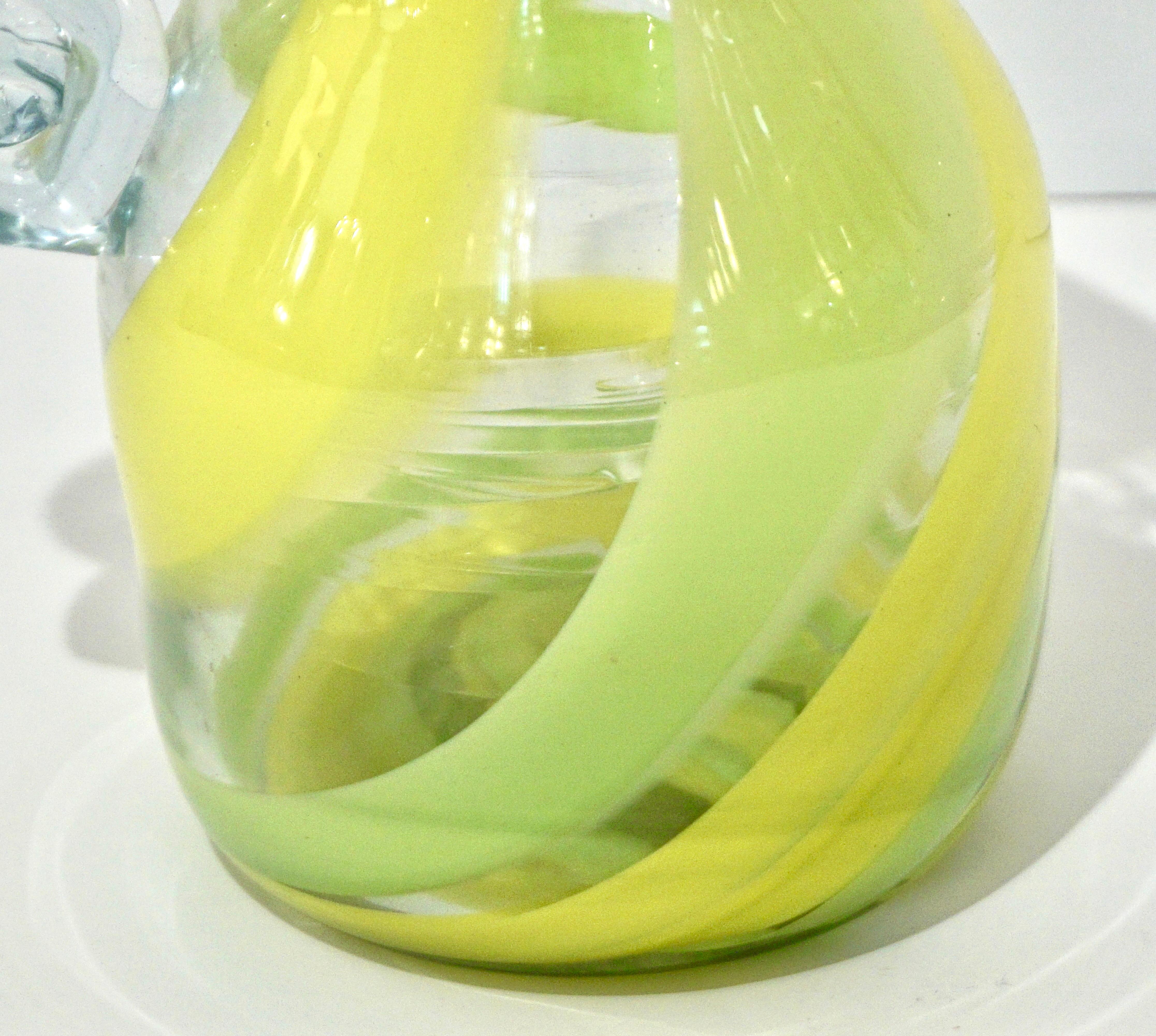 Hand-Crafted Italian Murano Glass Modern Pitcher Jug with Yellow Lime Green Filigrana For Sale