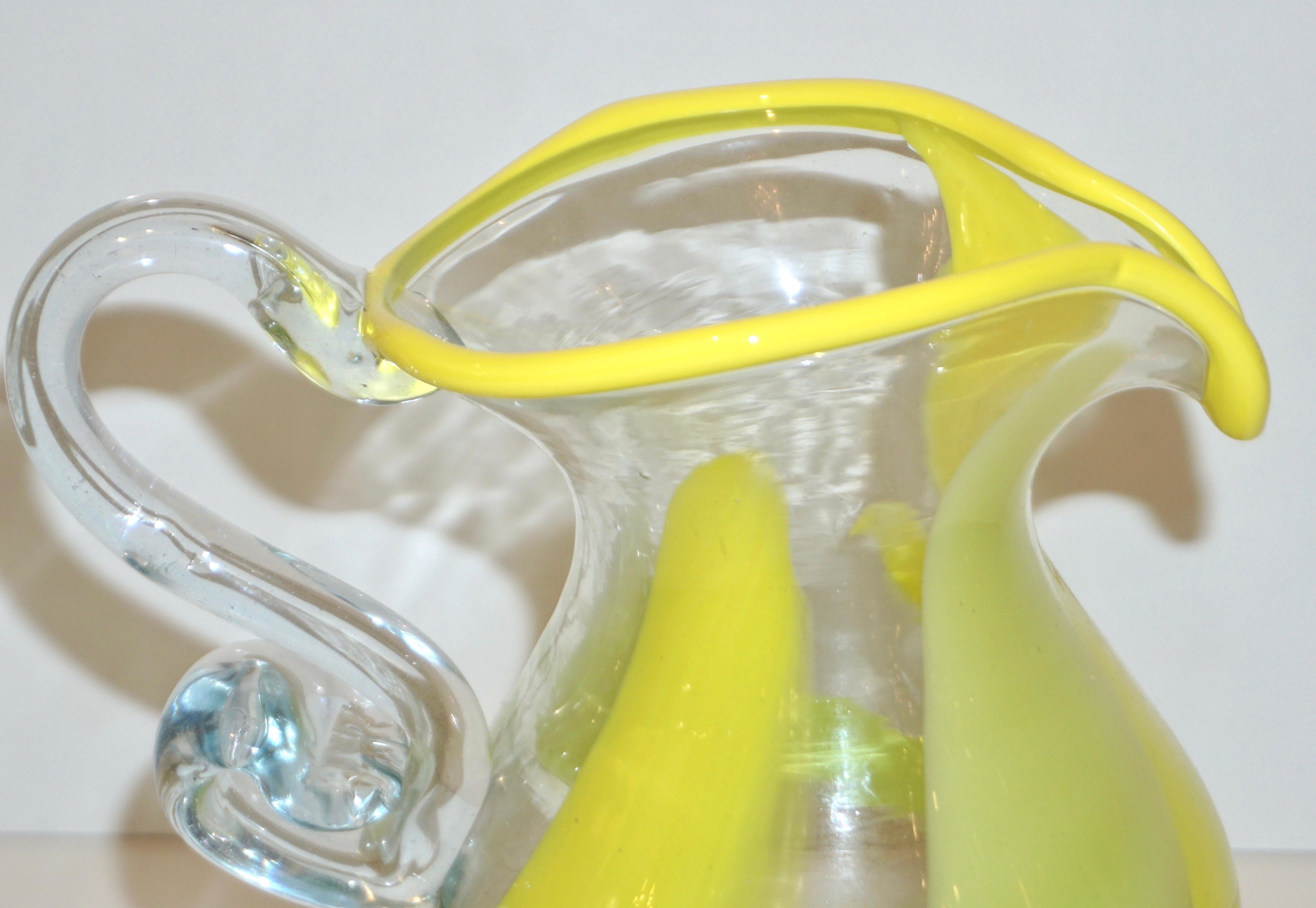 Italian Murano Glass Modern Pitcher Jug with Yellow Lime Green Filigrana In Excellent Condition For Sale In New York, NY