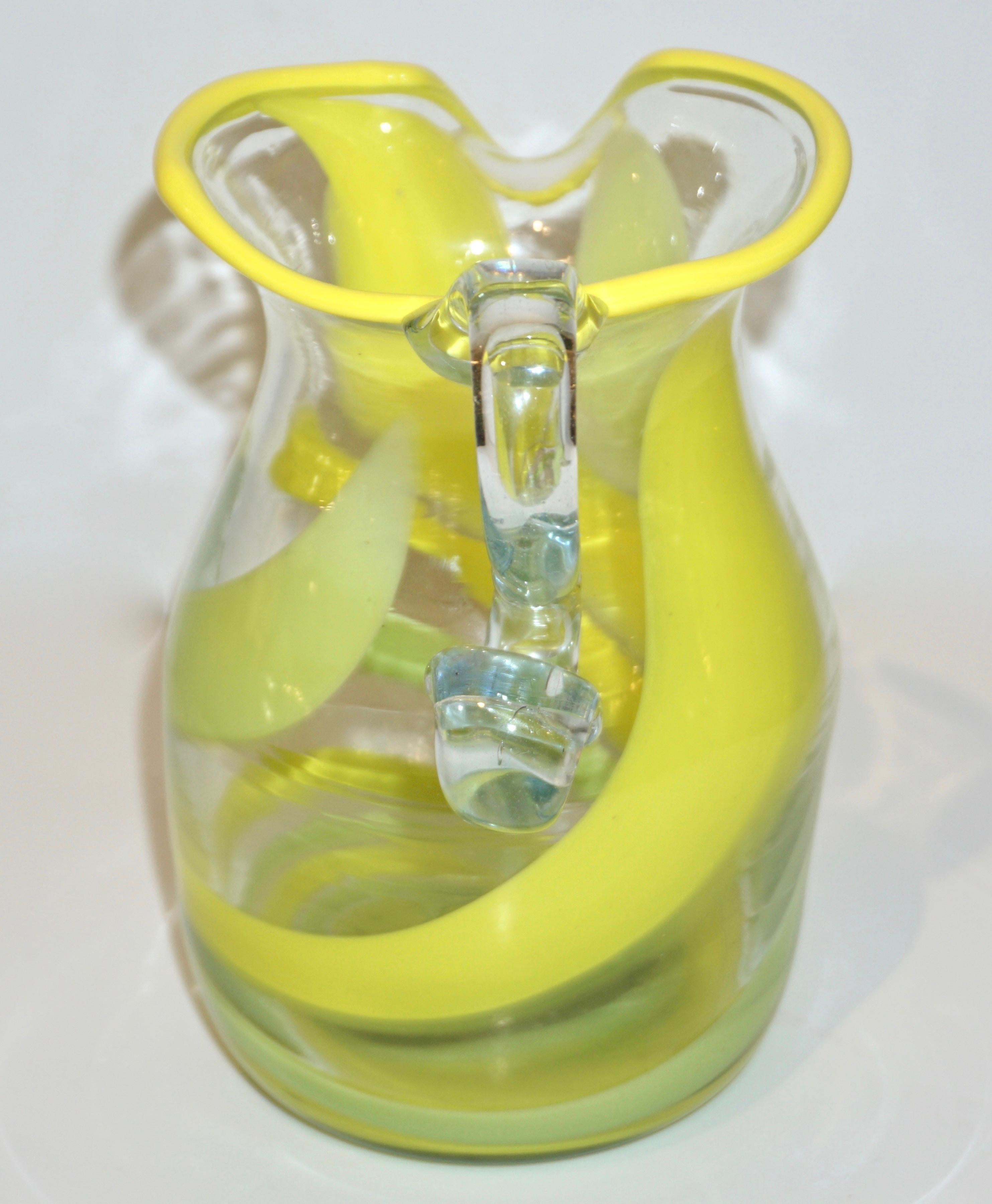 Italian Murano Glass Modern Pitcher Jug with Yellow Lime Green Filigrana For Sale 2