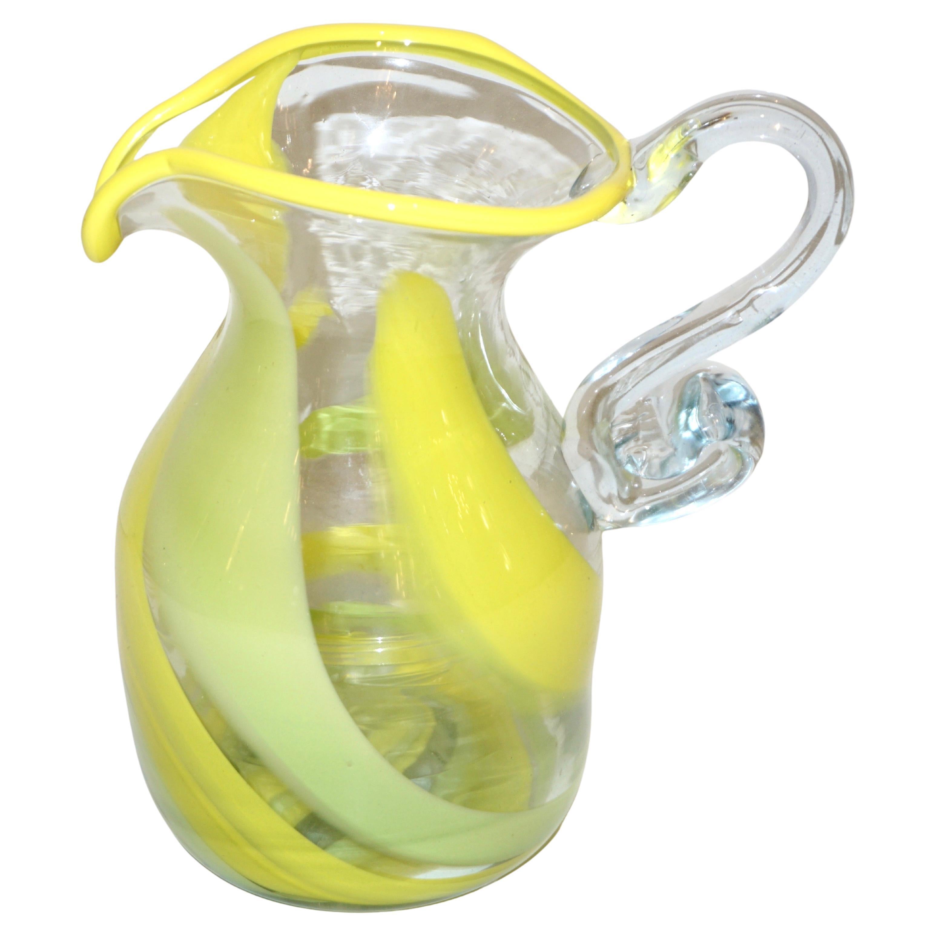 Italian Murano Glass Modern Pitcher Jug with Yellow Lime Green Filigrana For Sale