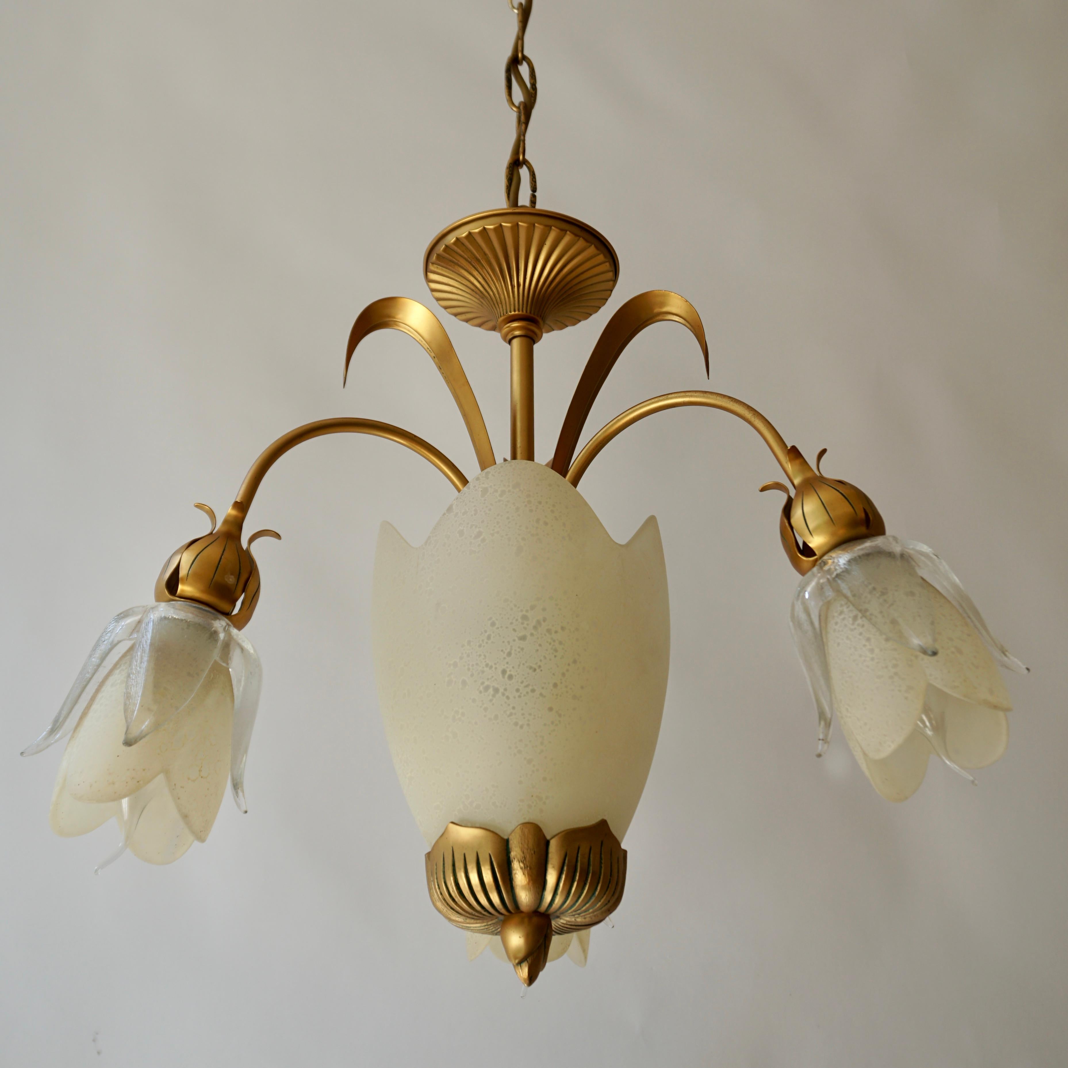 Brass Italian Murano Glass Palm Tree Tulip Chandelier or Flush Mount For Sale