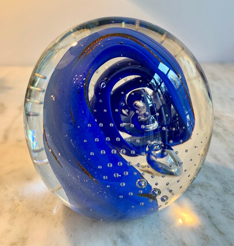 Mid-Century Modern Italian Murano Glass Paper Weight with Blue Wave