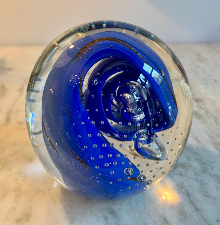 Italian Murano Glass Paper Weight with Blue Wave In Good Condition In Los Angeles, CA