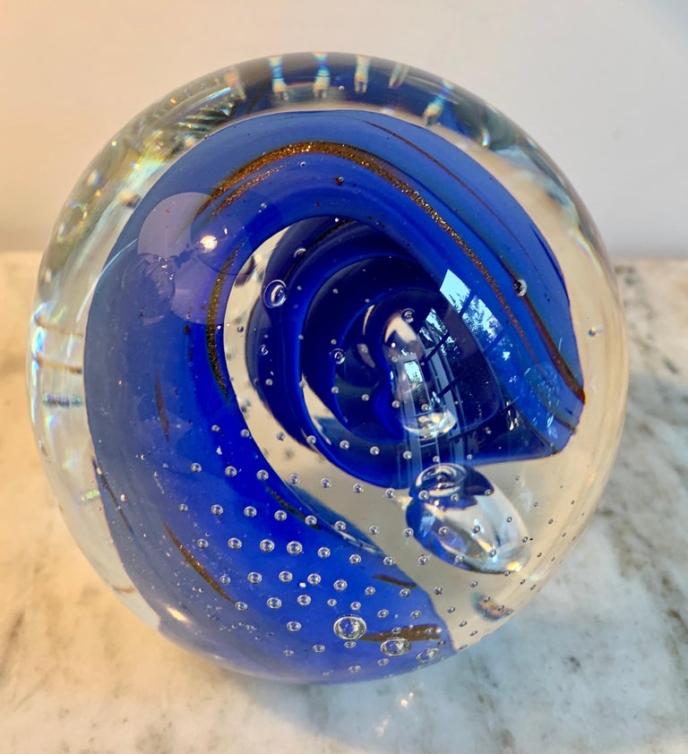 20th Century Italian Murano Glass Paper Weight with Blue Wave