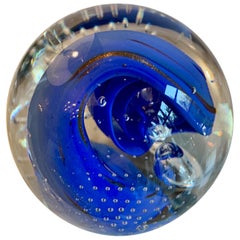 Italian Murano Glass Paper Weight with Blue Wave