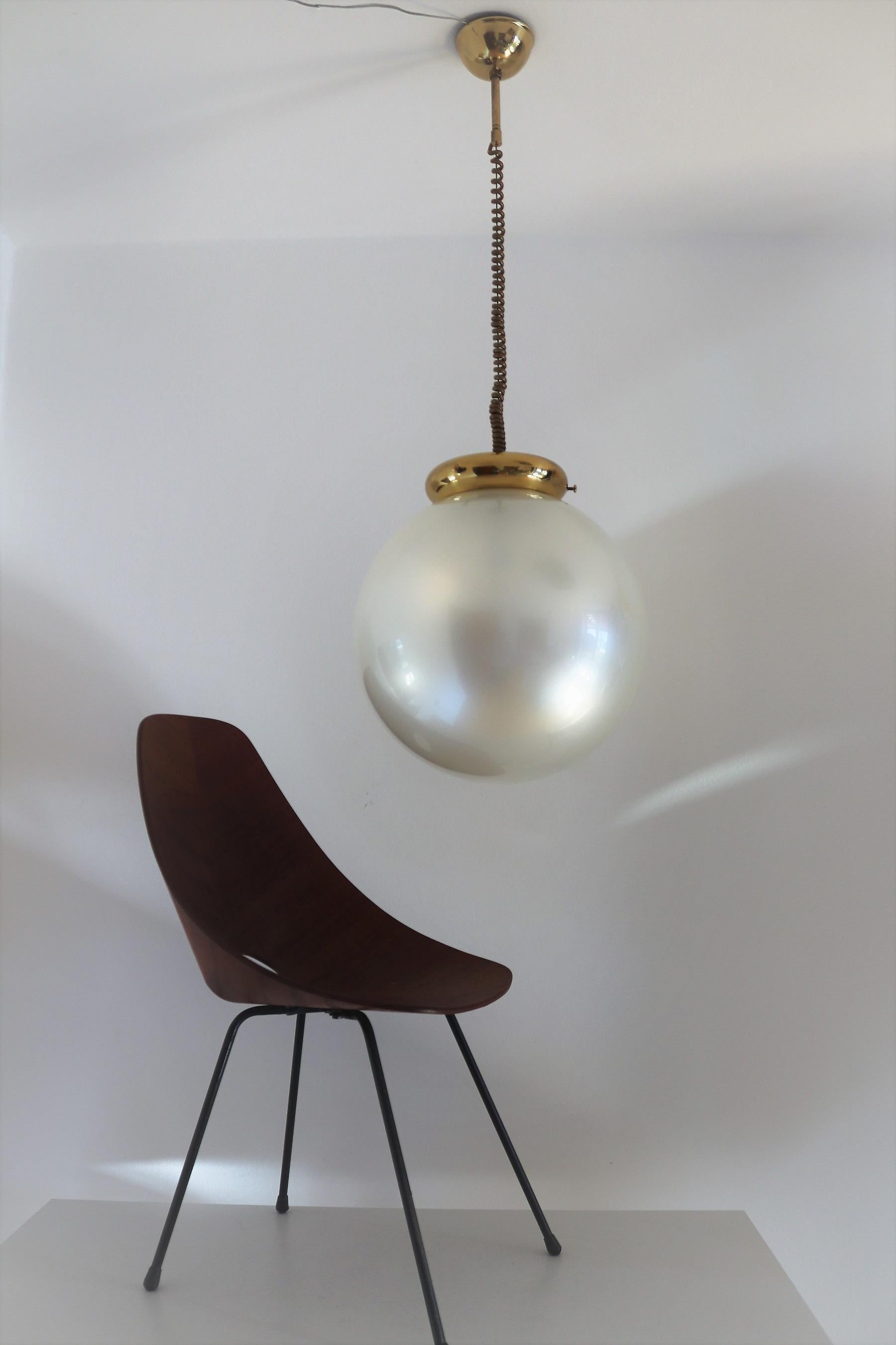 Italian Murano Glass Pendant Chandelier in Pearl Optic with Brass Details, 1970s 2