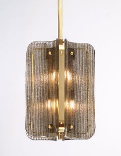 Italian Murano Glass Pendant Chandelier in Smoke Taupe Textured Glass and Brass