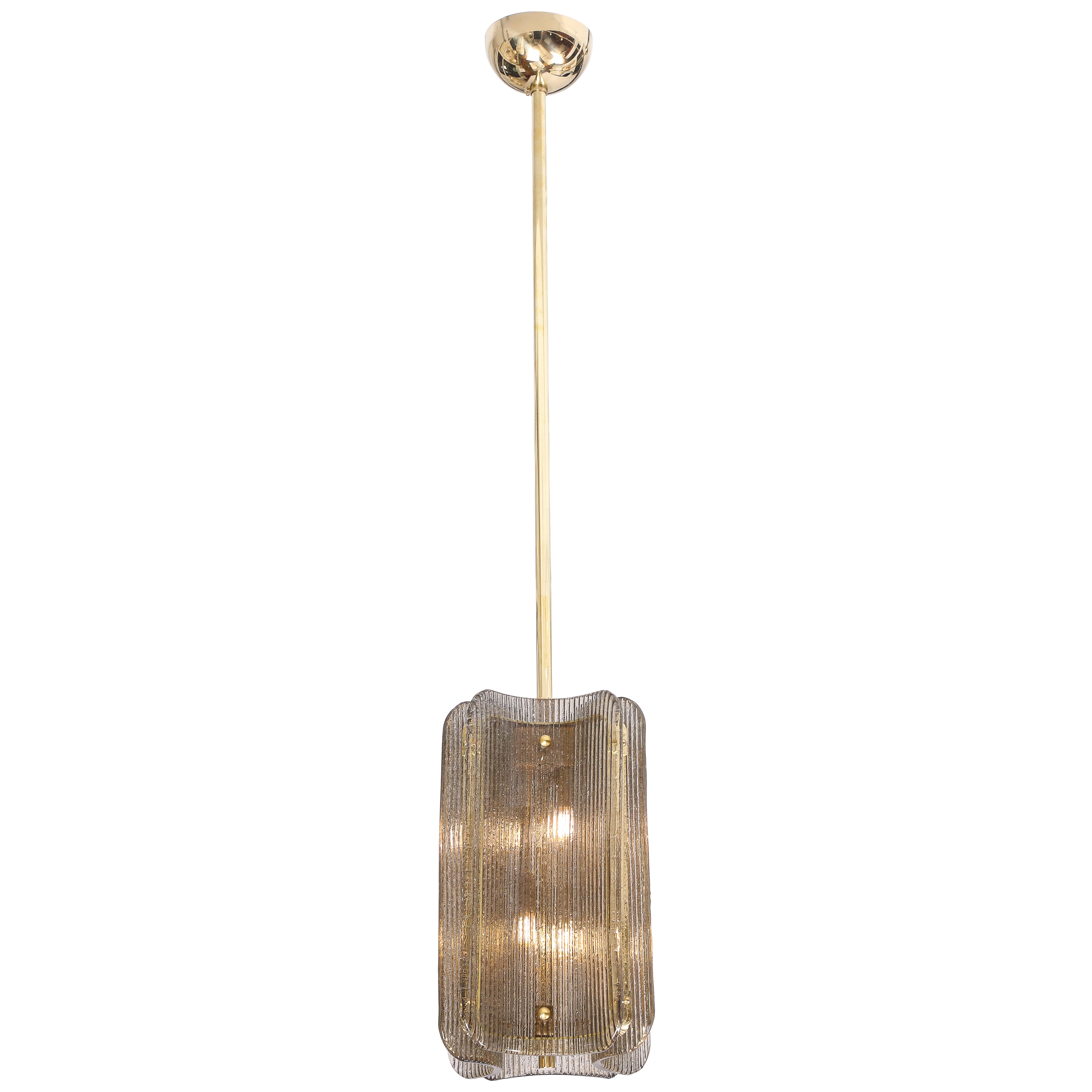 Italian Murano Glass Pendant Chandelier in Smoke Taupe Textured Glass and Brass