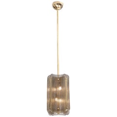 Italian Murano Glass Pendant Chandelier in Smoke Taupe Textured Glass and Brass