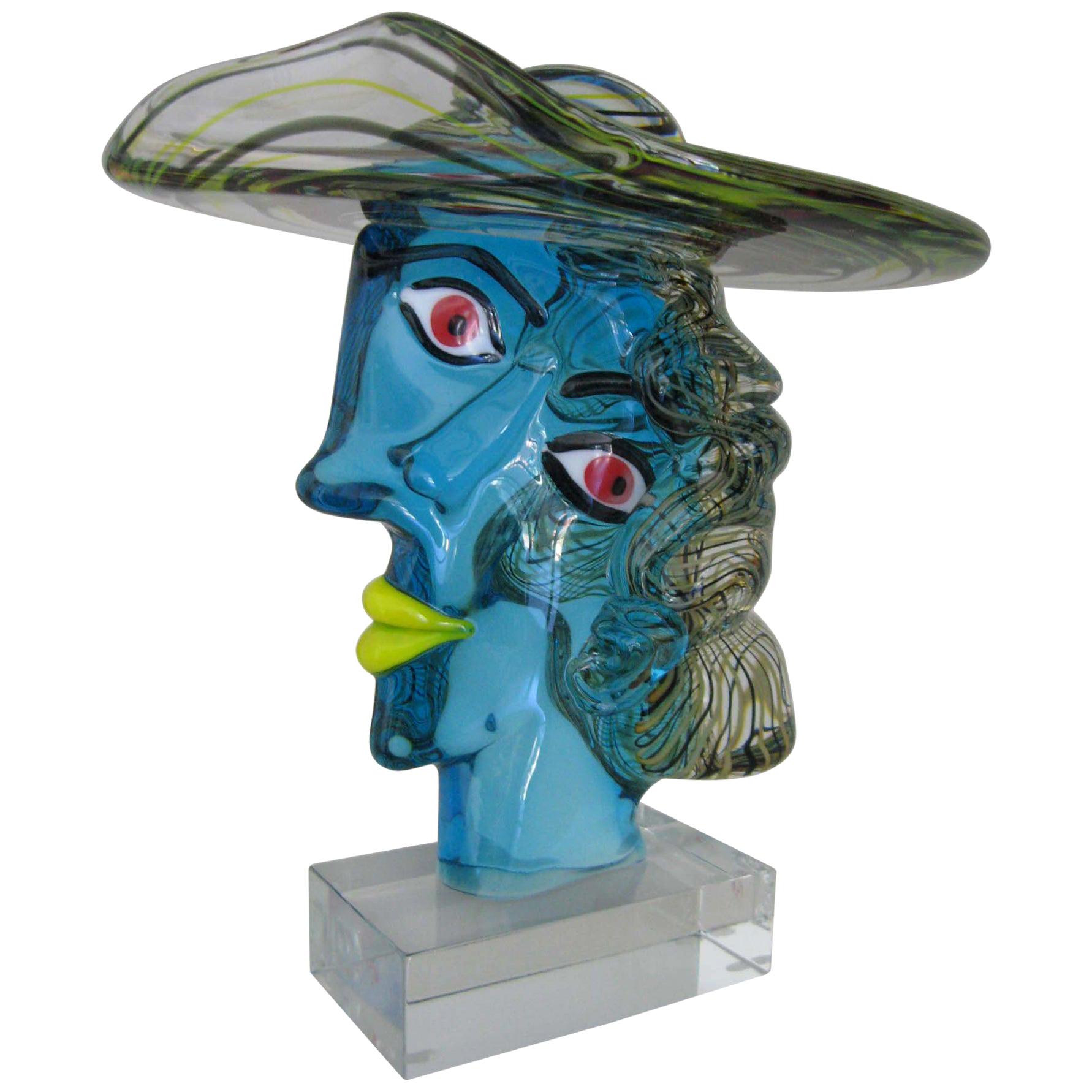 Italian Murano Glass Picasso Head Sculpture by Glass Master Walter Furlan